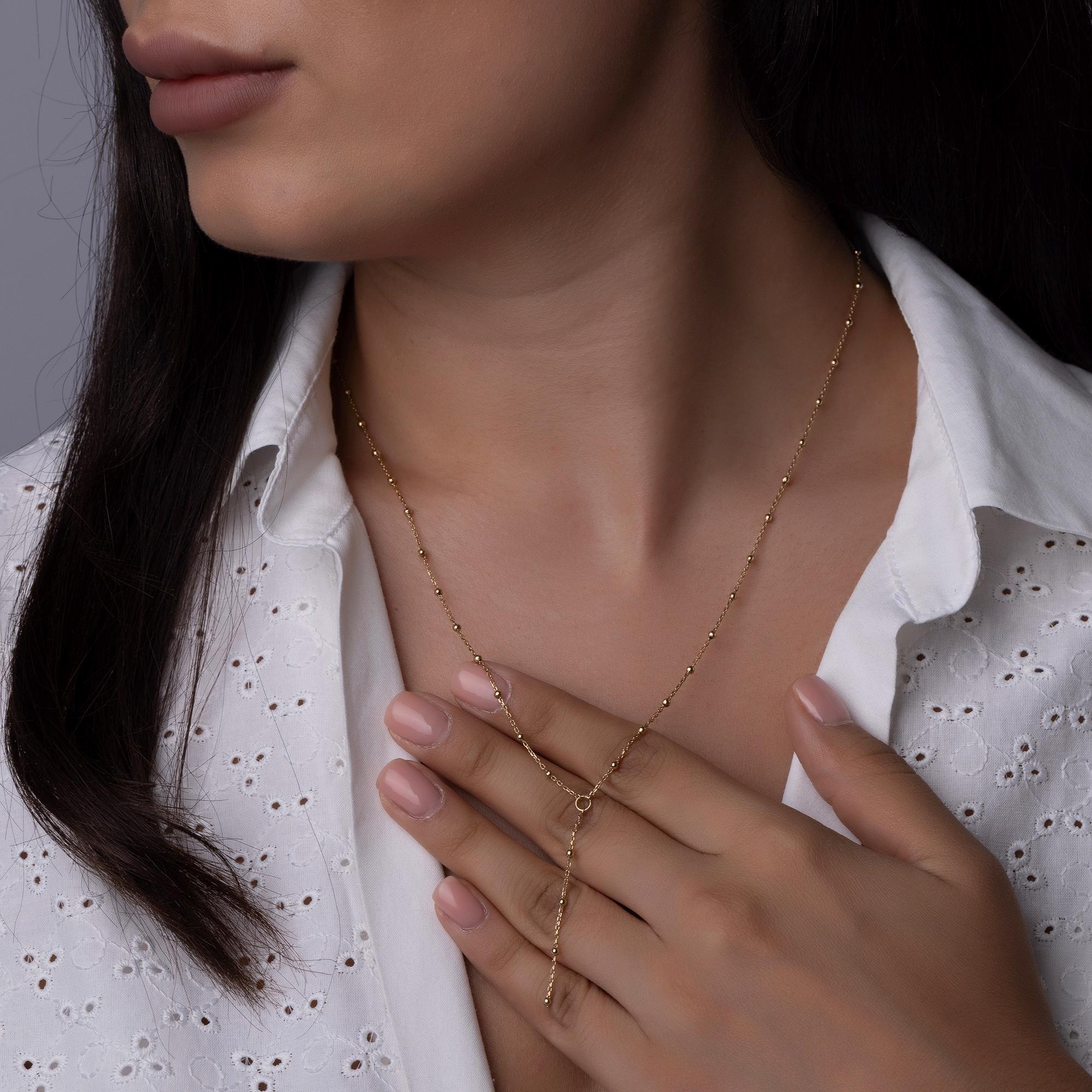 14K Solid Gold Beaded Y Necklace – Dainty Lariat Chain Jewelry