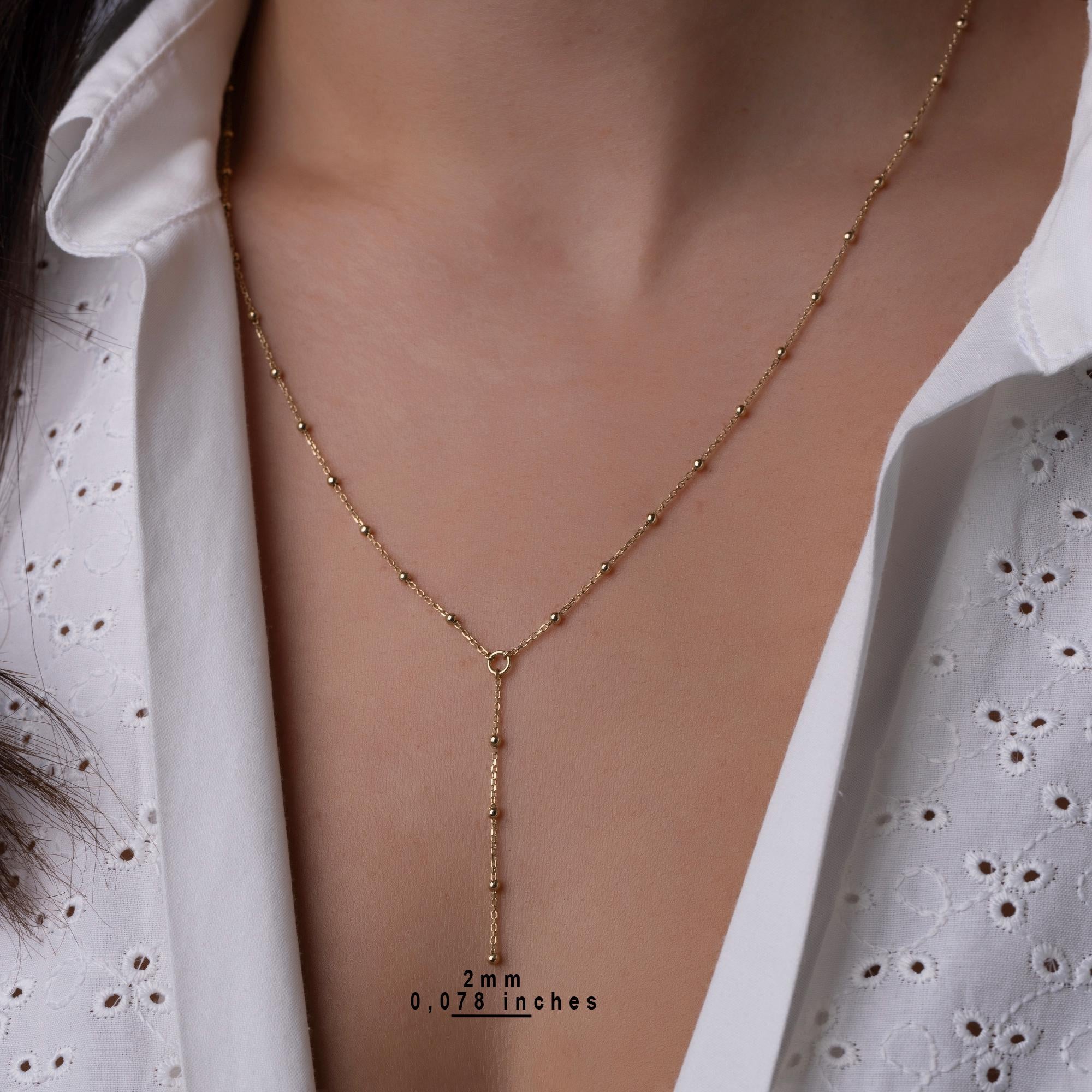 14K Solid Gold Beaded Y Necklace – Dainty Lariat Chain Jewelry