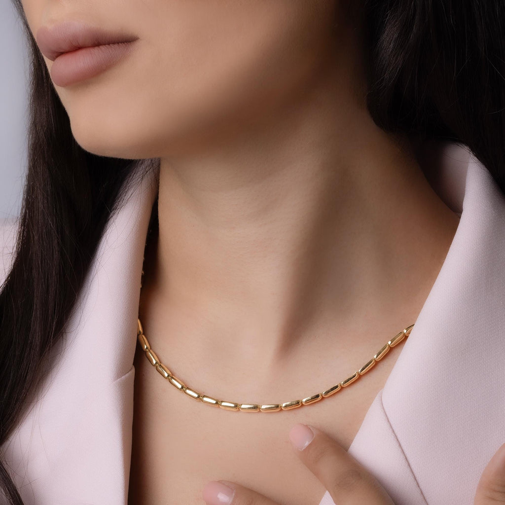 14K Solid Gold Tube Link Necklace – 4mm Thick Statement Chain