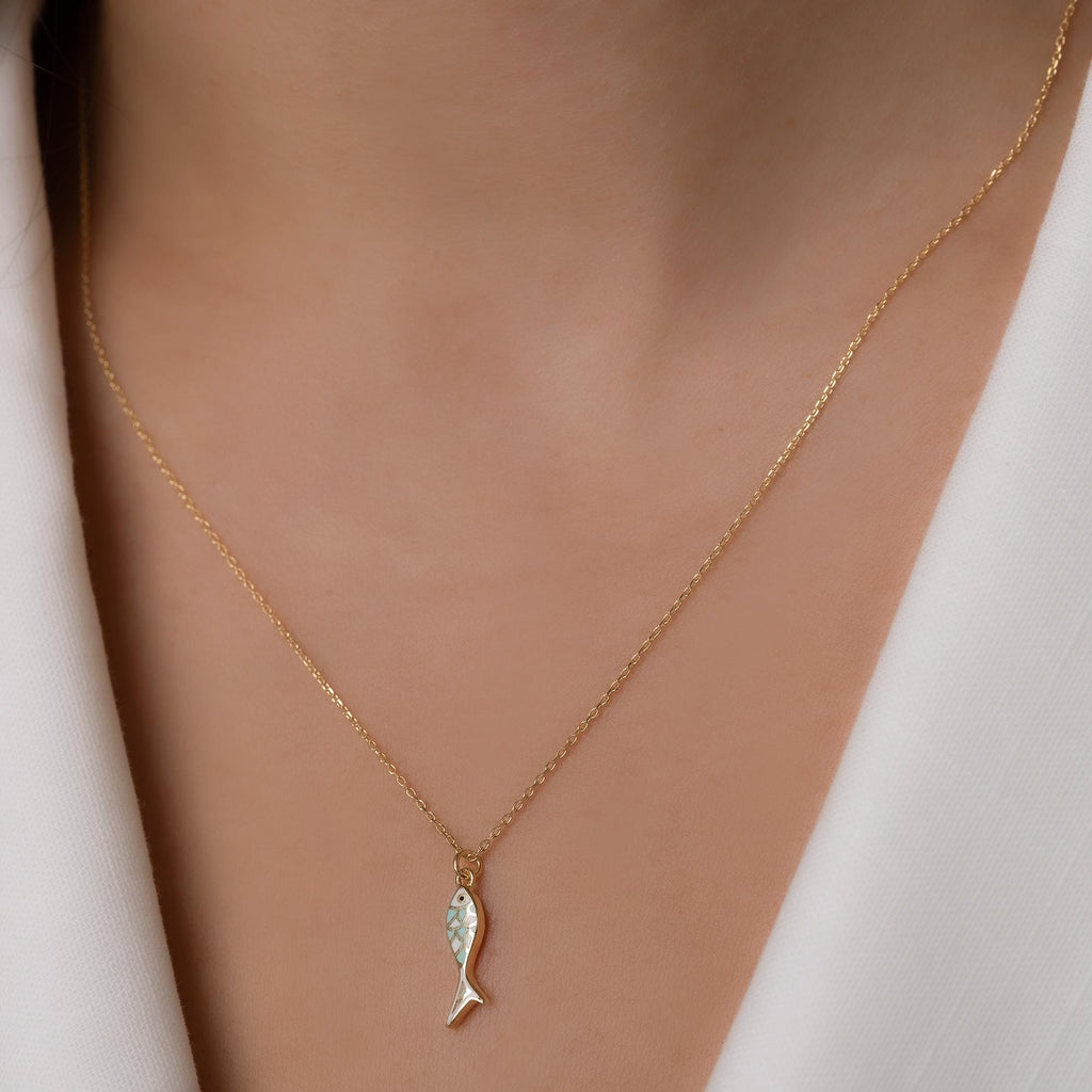 14K Solid Gold Fish Necklace - Dainty Ocean Pendant
