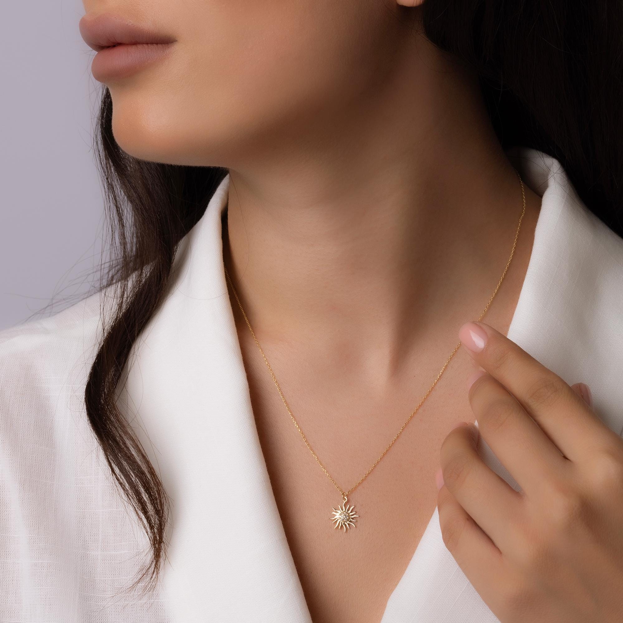 14K Solid Gold Sun Necklace - Radiant Sun Pendant