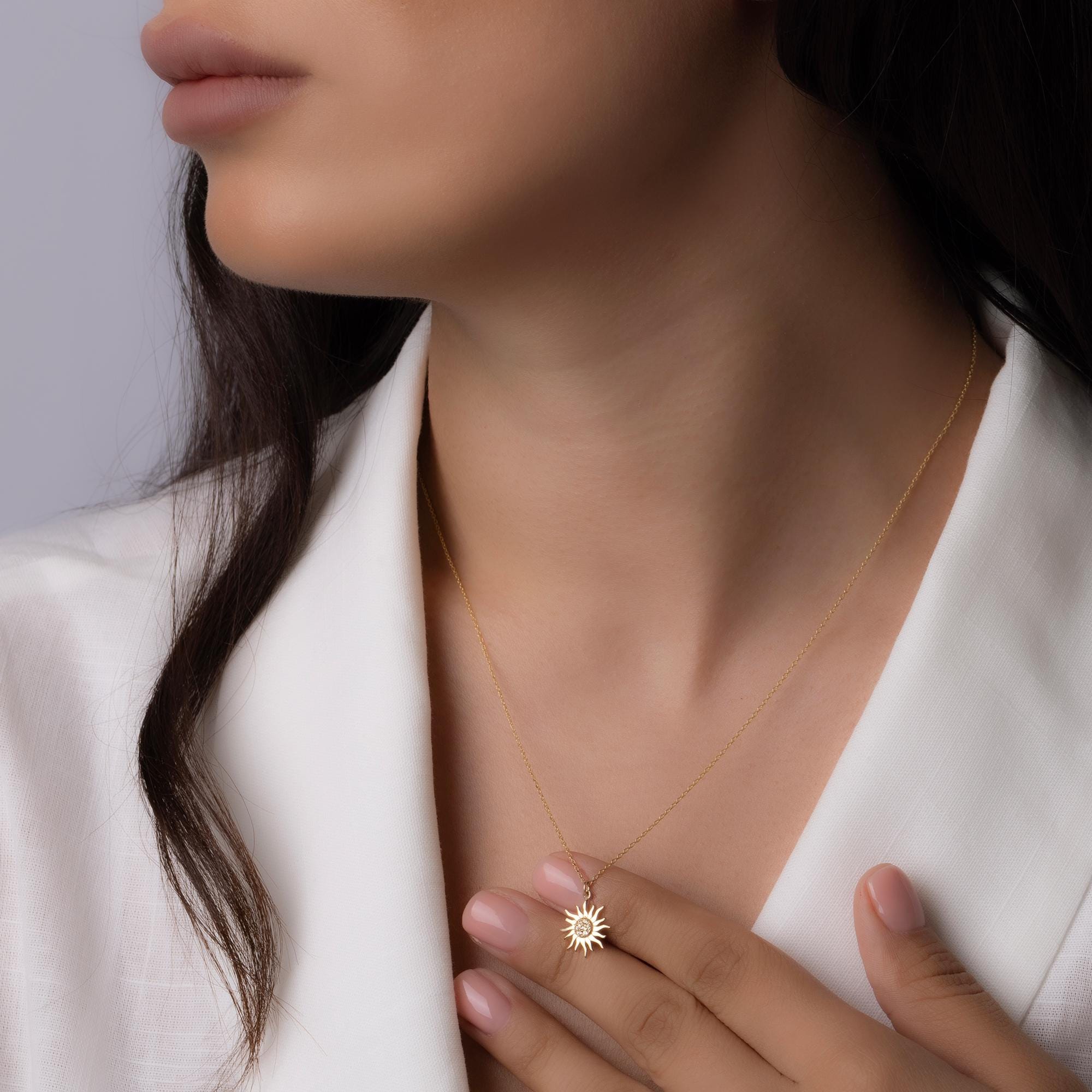 14K Solid Gold Sun Necklace - Radiant Sun Pendant