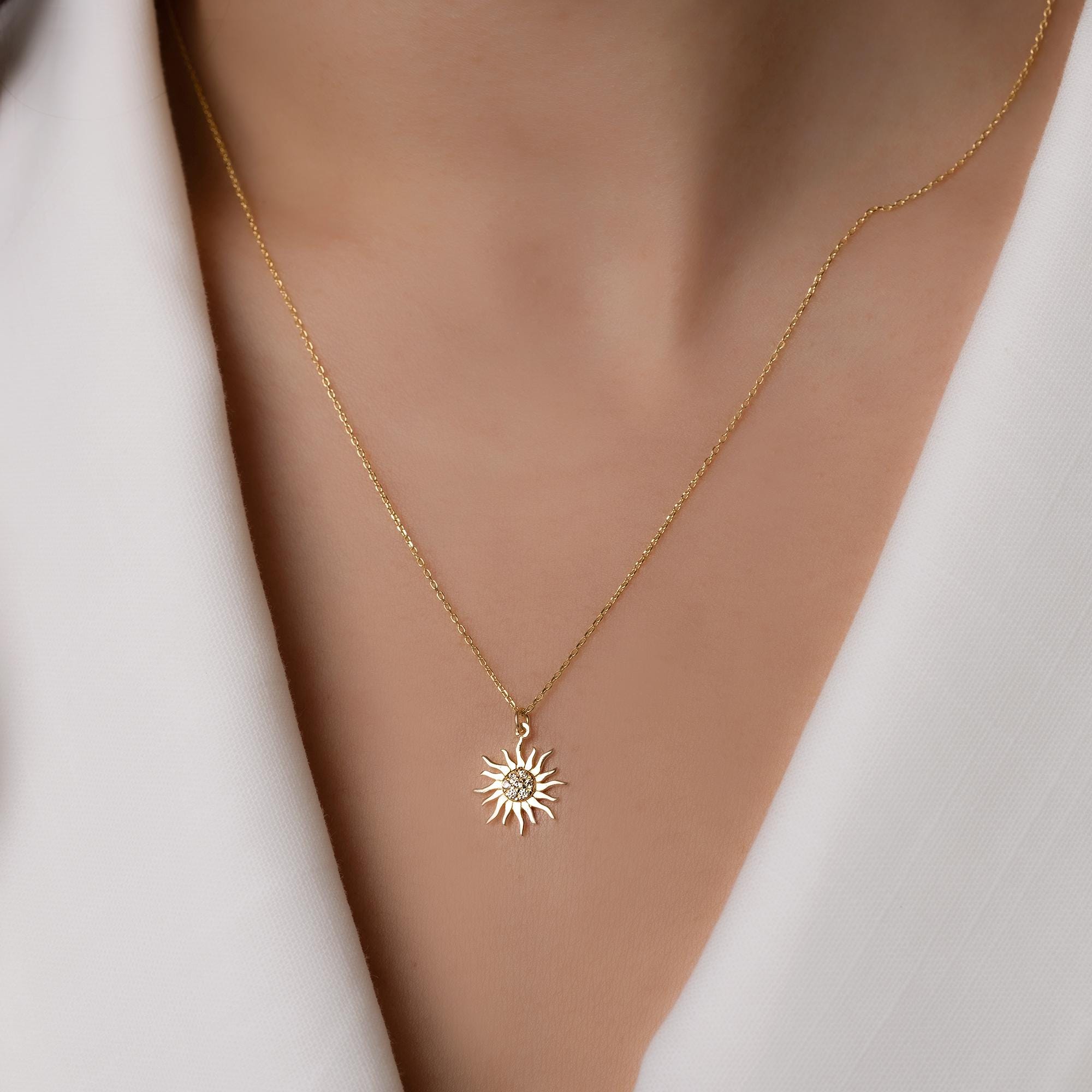 14K Solid Gold Sun Necklace - Radiant Sun Pendant