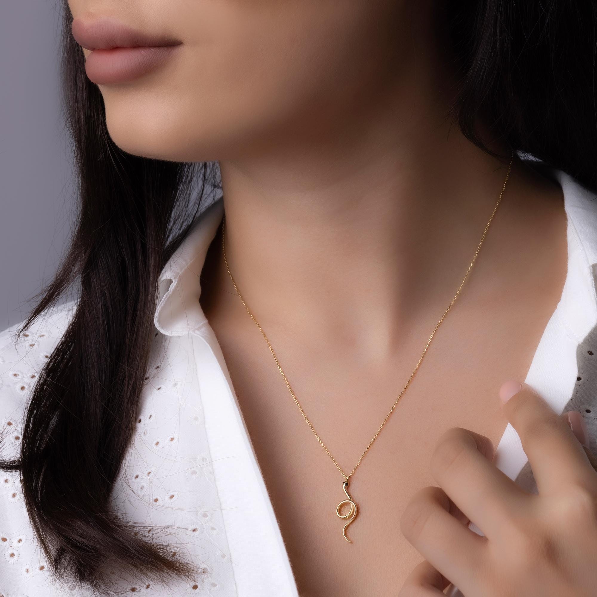 14K Solid Gold Snake Necklace - Gold Serpent Pendant