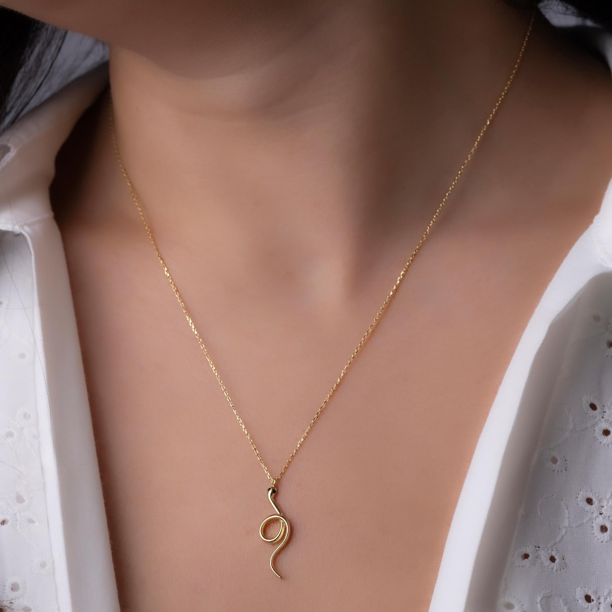 14K Solid Gold Snake Necklace - Gold Serpent Pendant
