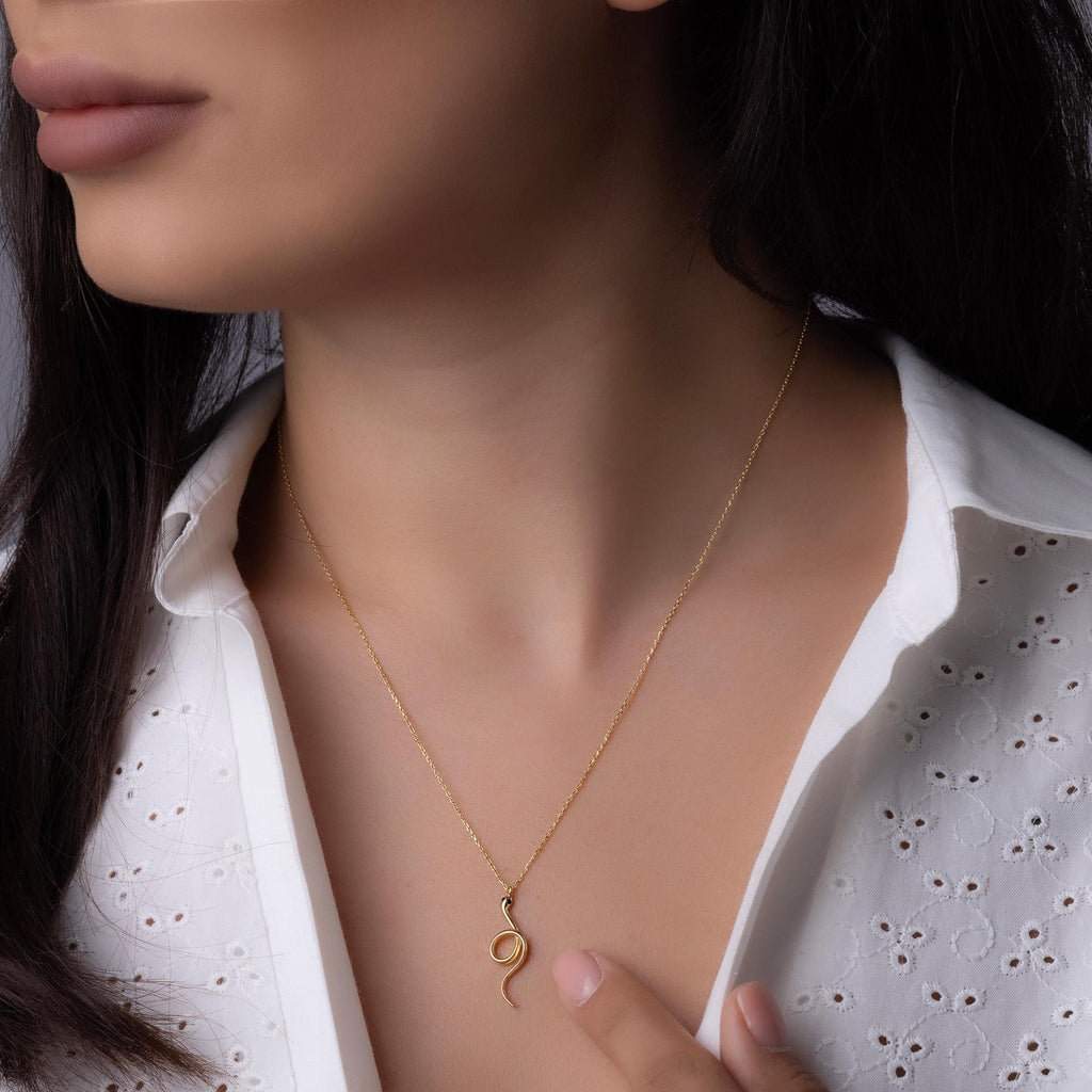 14K Solid Gold Snake Necklace - Gold Serpent Pendant