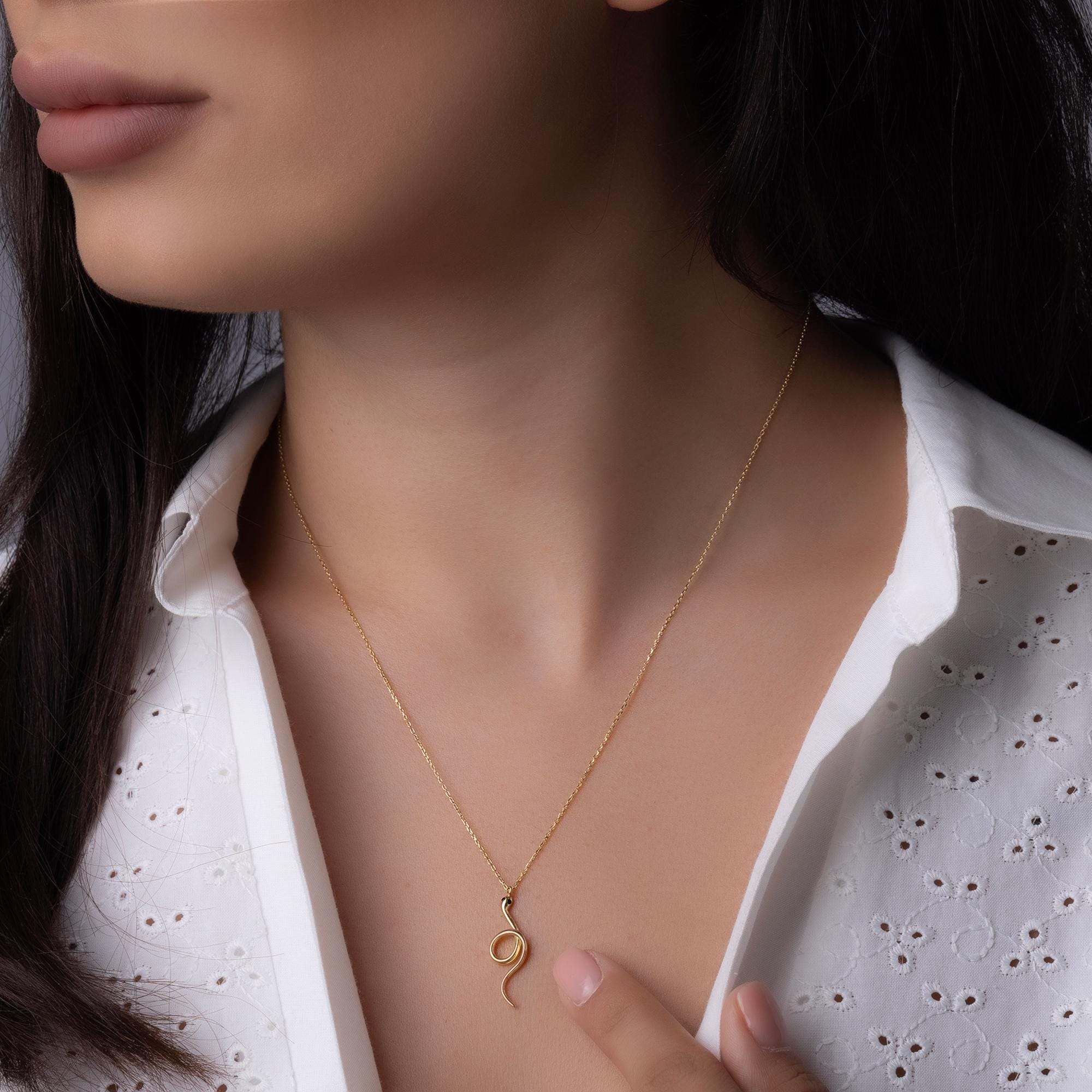 14K Solid Gold Snake Necklace - Gold Serpent Pendant