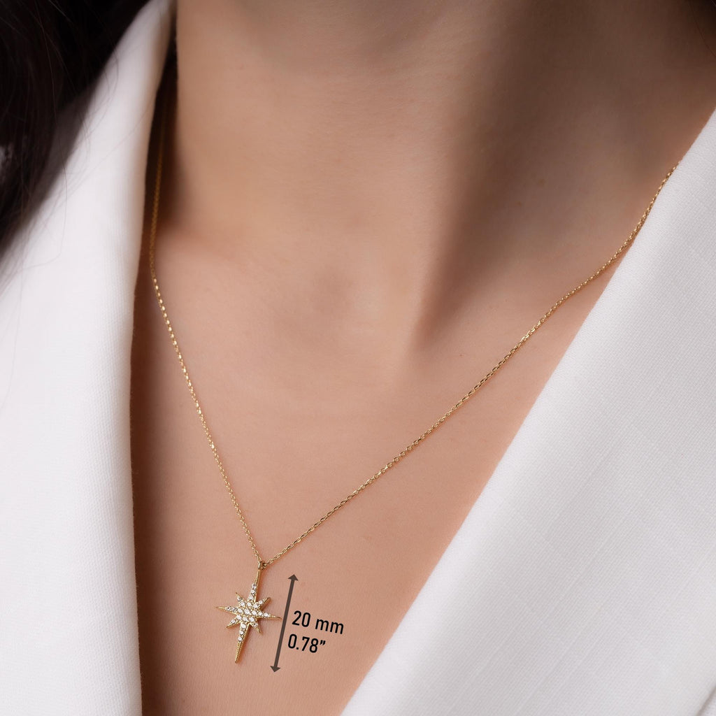 14K Solid Gold North Star Necklace - Dainty Celestial Pendant