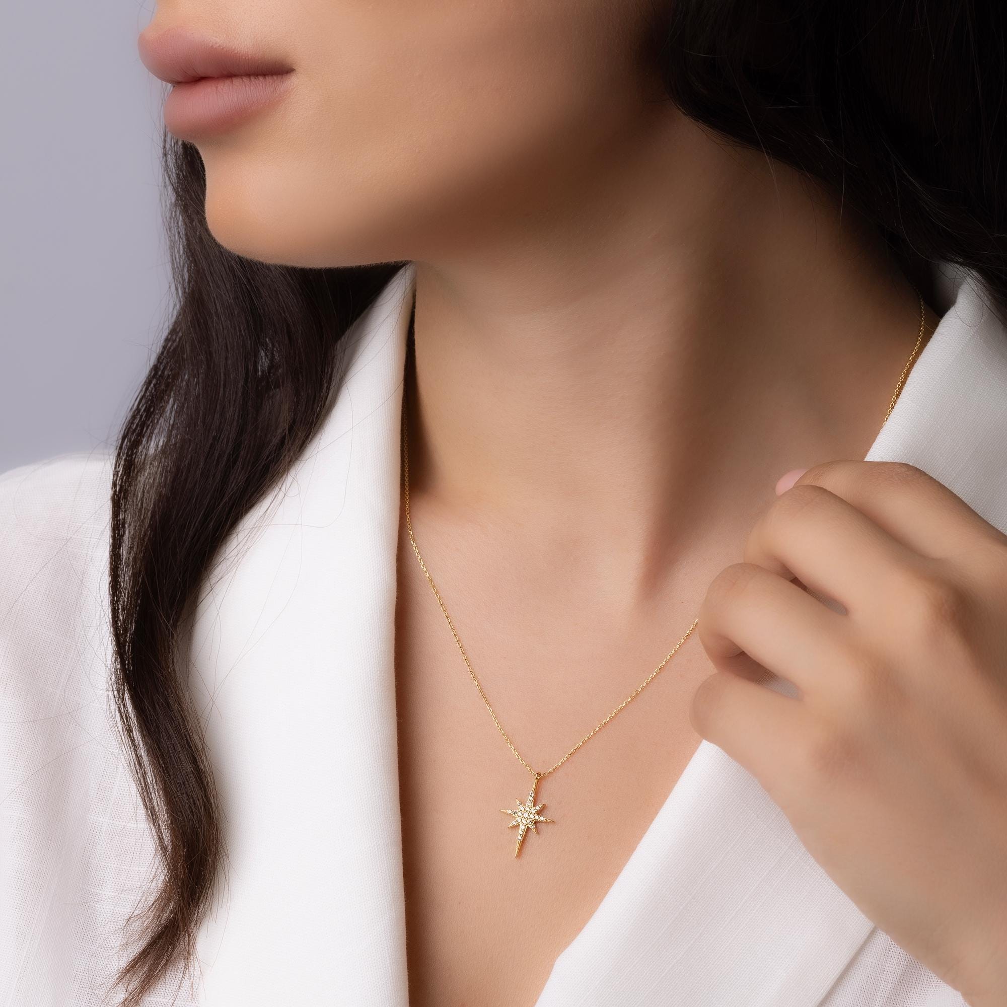 14K Solid Gold North Star Necklace - Dainty Celestial Pendant