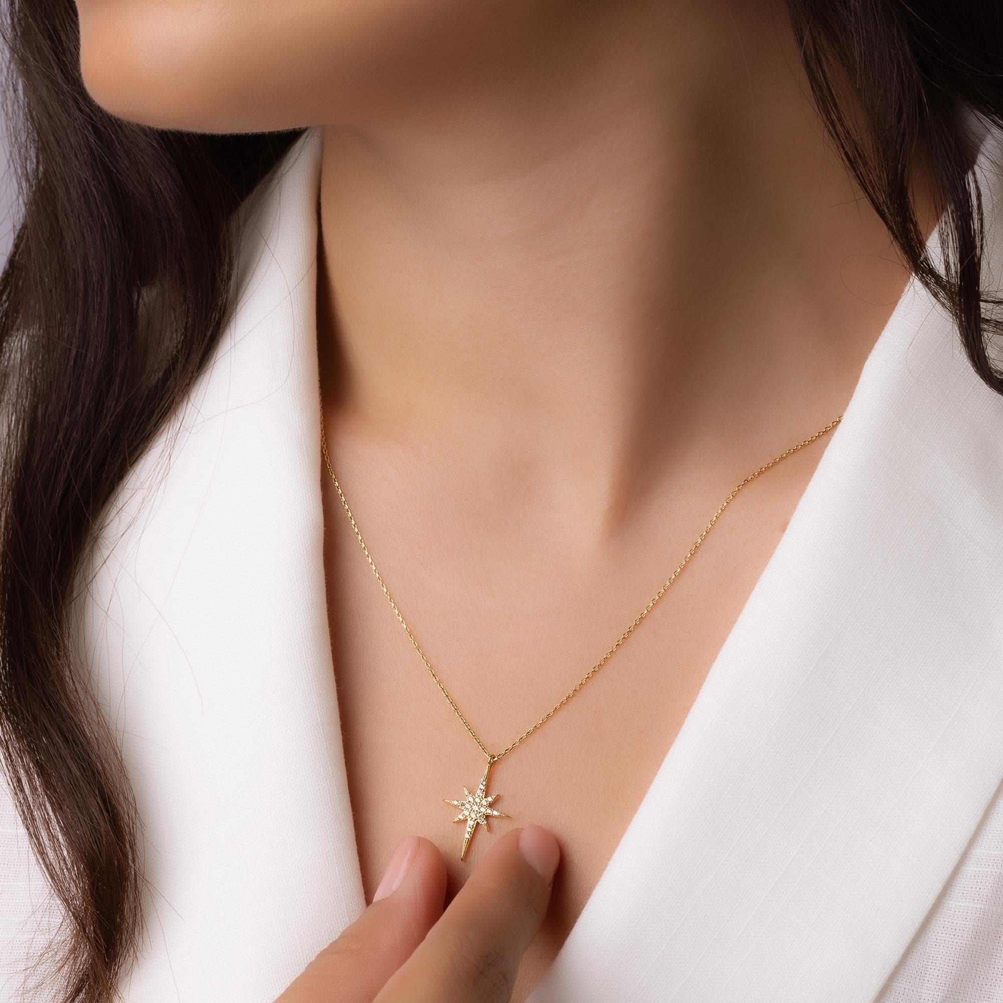 14K Solid Gold North Star Necklace - Dainty Celestial Pendant