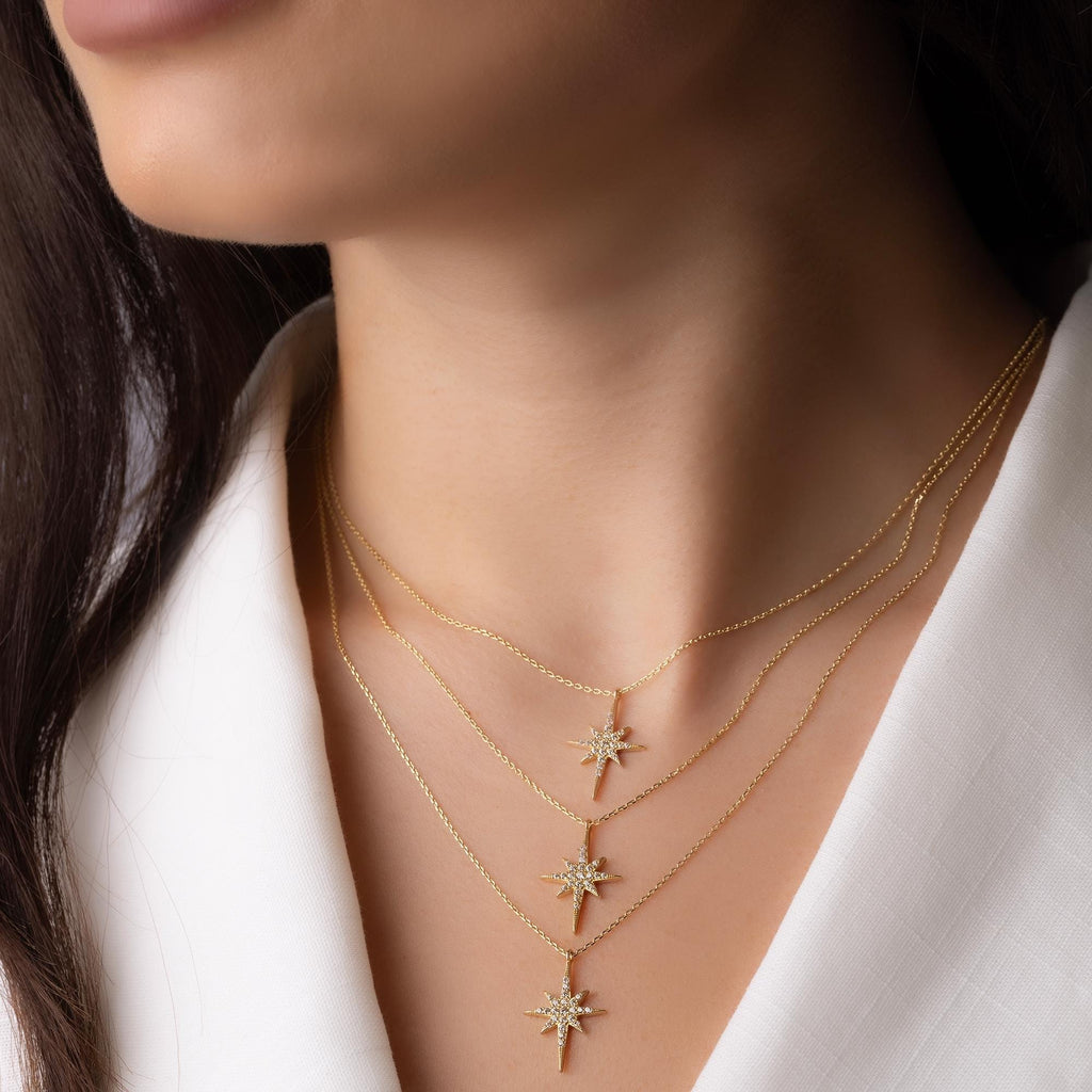 14K Solid Gold North Star Necklace - Dainty Celestial Pendant