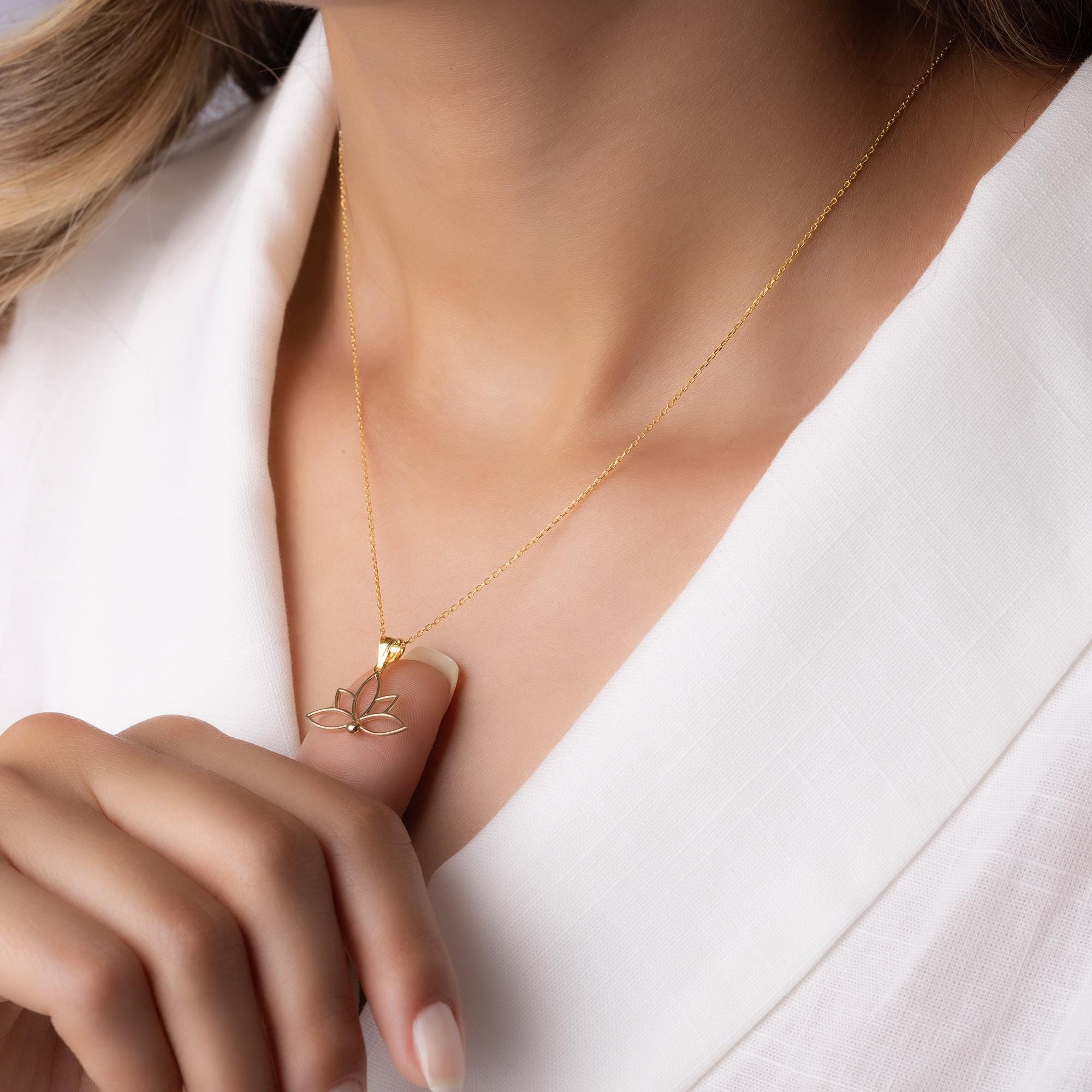 14K Solid Gold Lotus Necklace - Minimalist Yoga Pendant - Real Gold Flower Jewelry