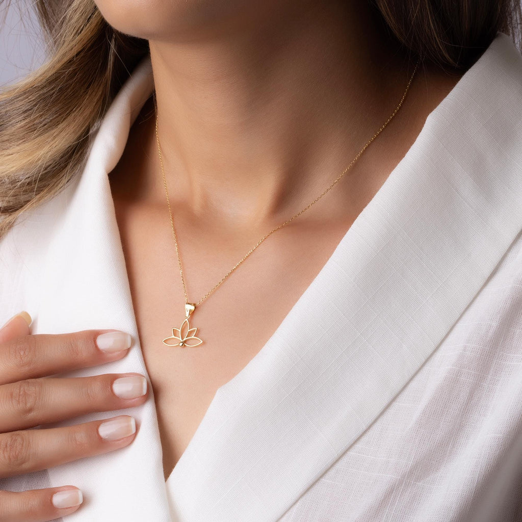14K Solid Gold Lotus Necklace - Minimalist Yoga Pendant - Real Gold Flower Jewelry