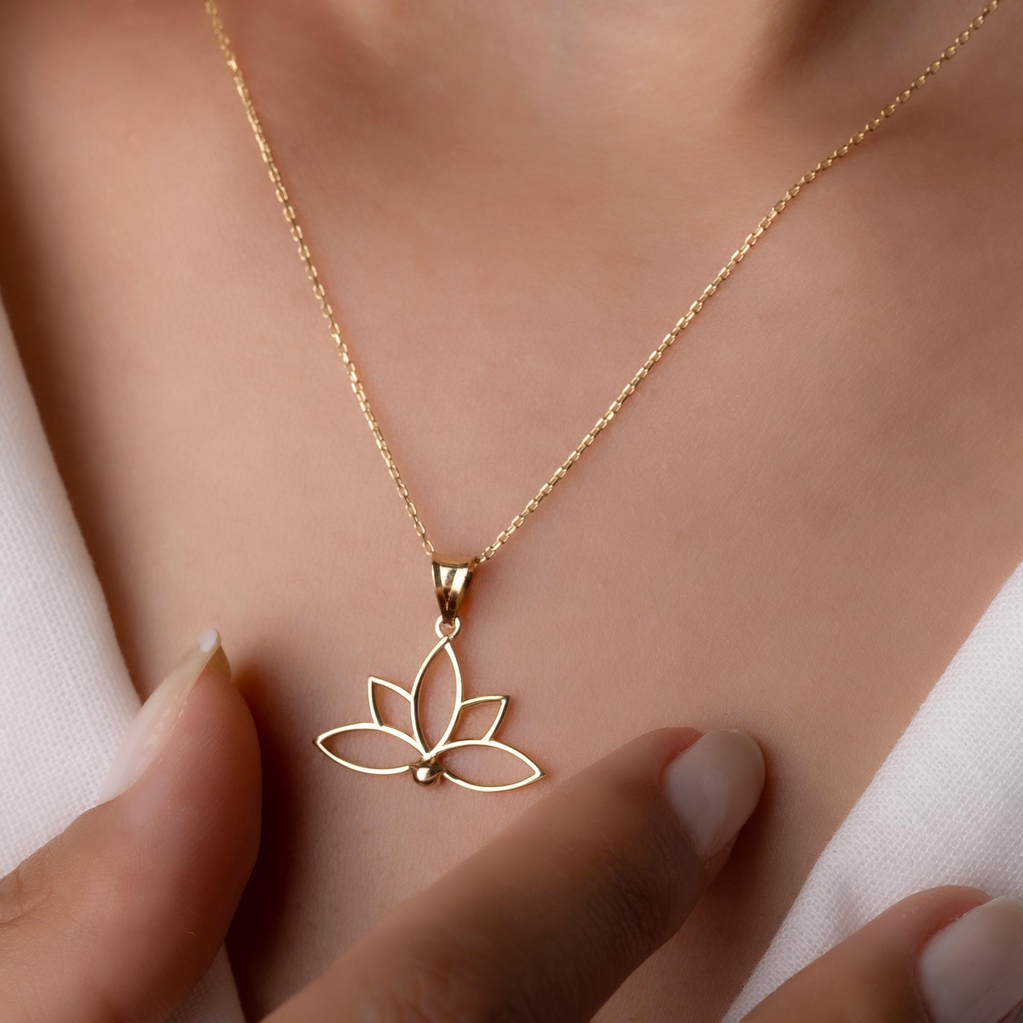 14K Solid Gold Lotus Necklace - Minimalist Yoga Pendant - Real Gold Flower Jewelry