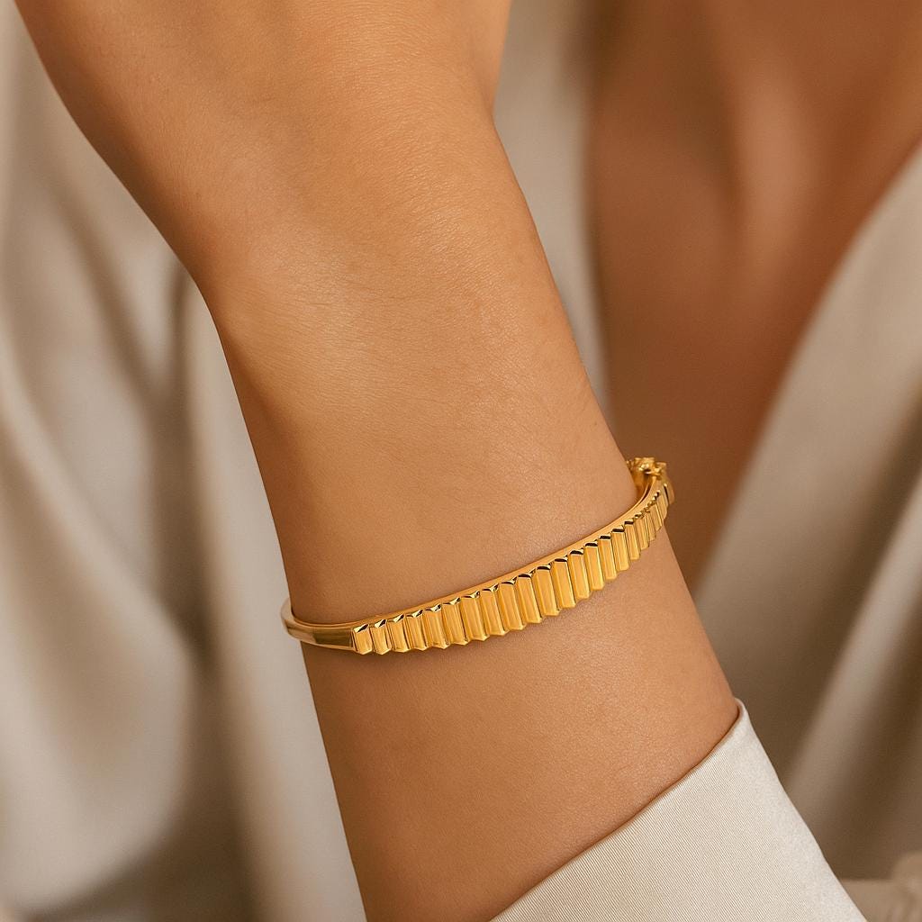 14K Solid Gold Ribbed Bangle Bracelet – Bold Minimalist Cuff