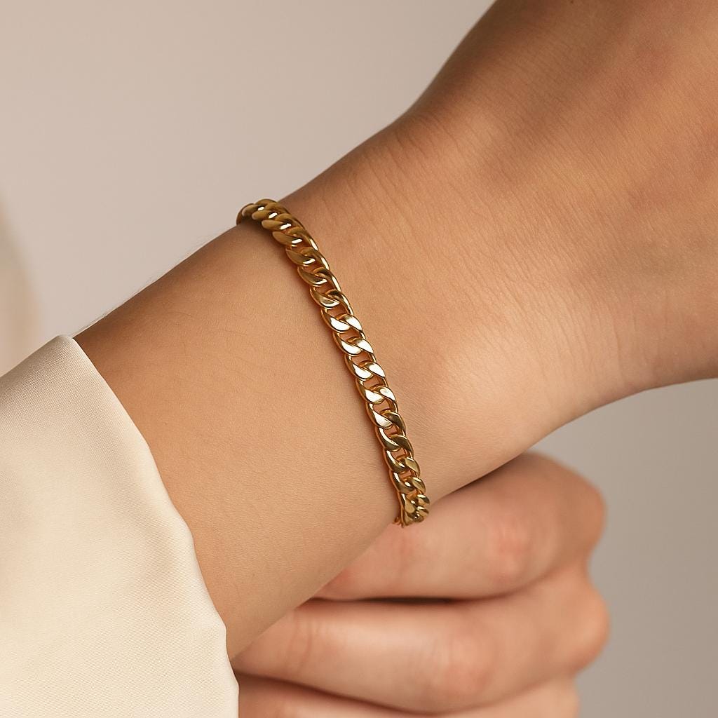 14K Solid Gold Curb Chain Bracelet – 4mm Thick Real Gold Jewelry