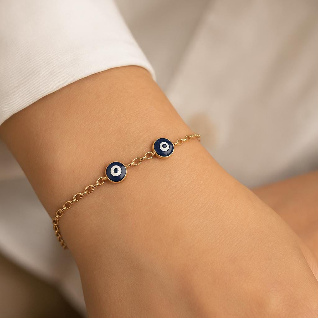 14K Solid Gold Evil Eye Bracelet – Dainty Real Gold Jewelry with Blue Enamel Charms