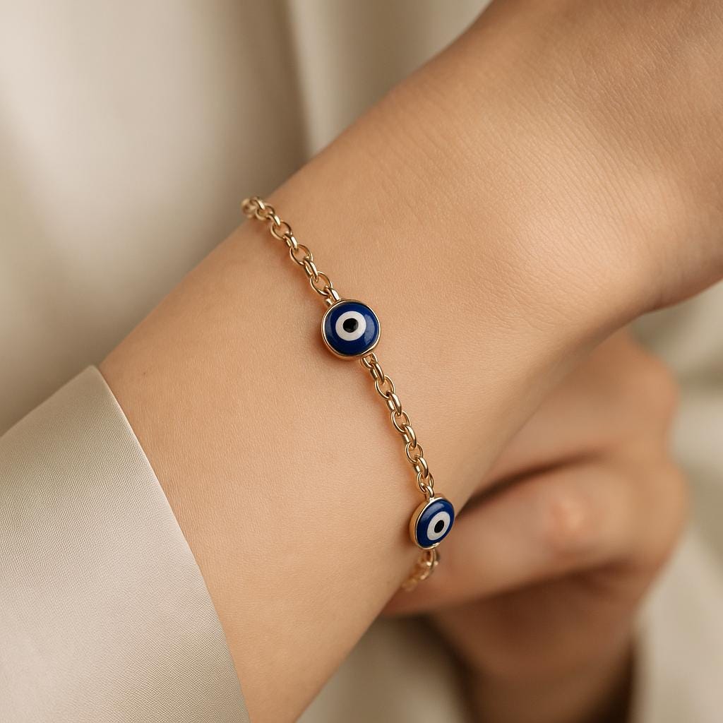 14K Solid Gold Evil Eye Bracelet – Dainty Real Gold Jewelry with Blue Enamel Charms