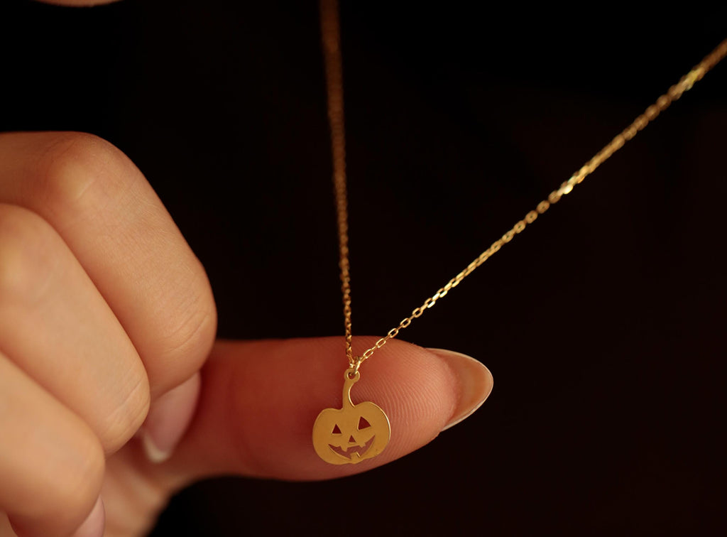 14K Solid Gold Pumpkin Necklace - Gold Jack O’ Lantern Pendant