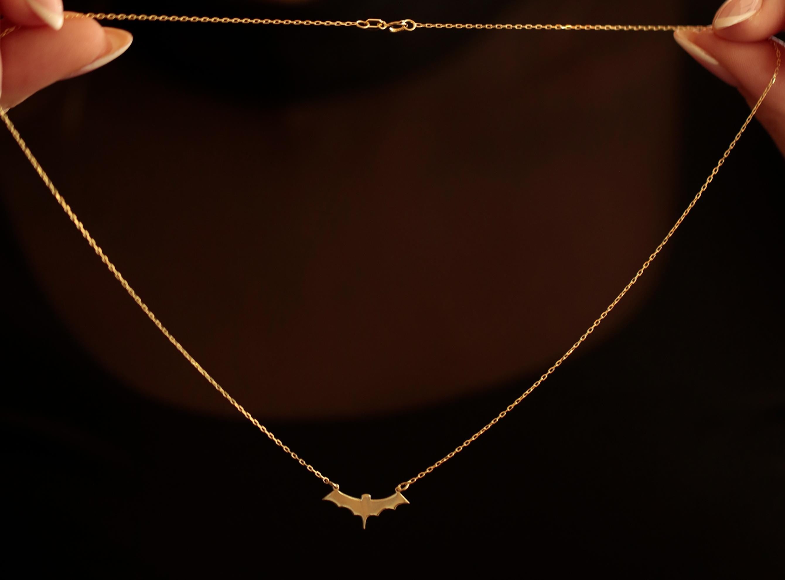 14K Solid Gold Bat Necklace - Dainty Real Gold Pendant