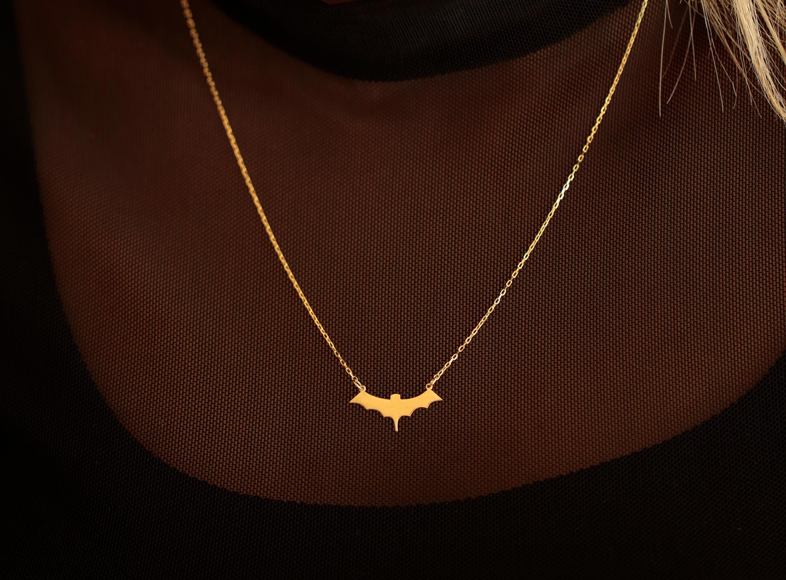 14K Solid Gold Bat Necklace - Dainty Real Gold Pendant