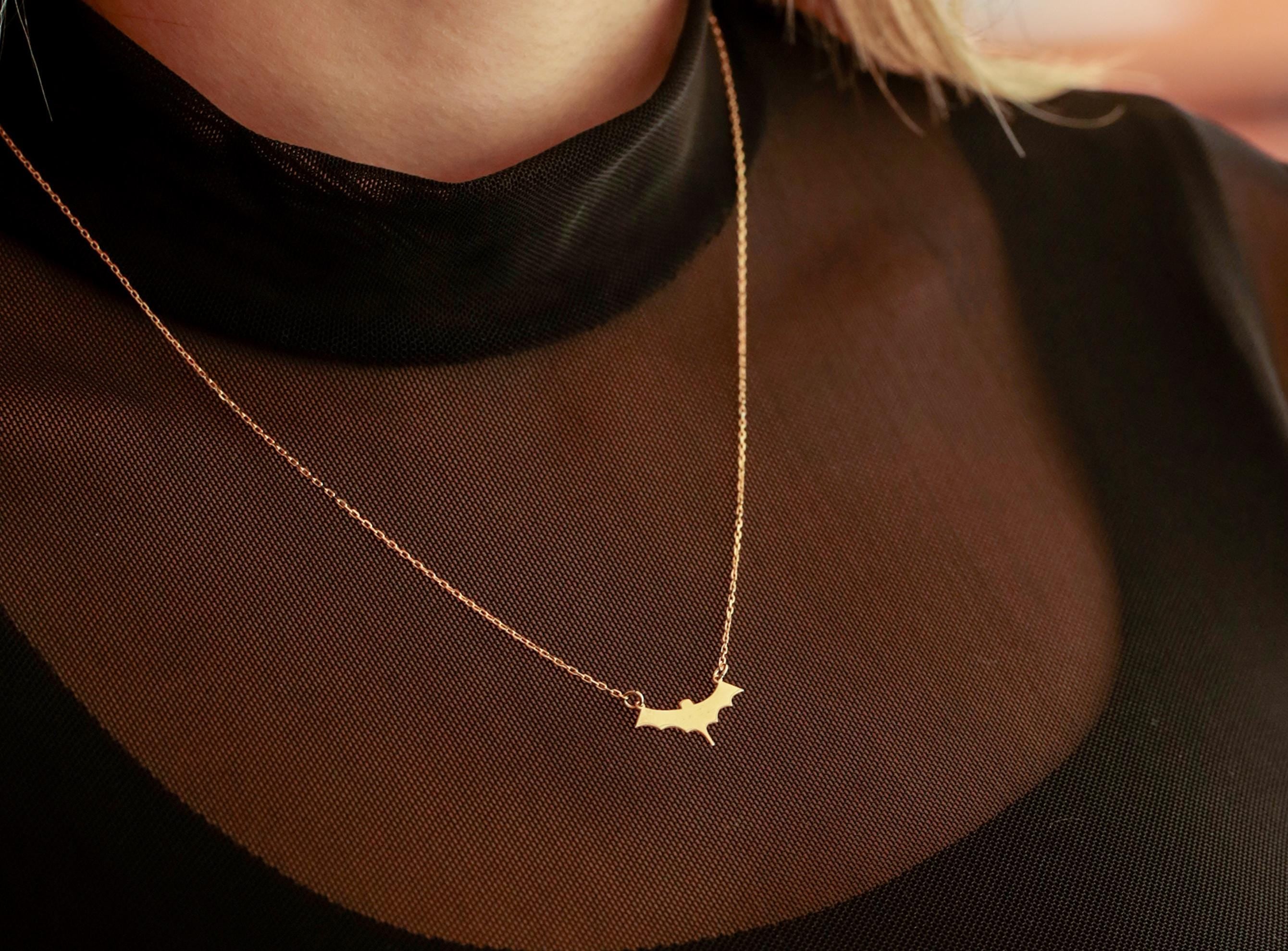 14K Solid Gold Bat Necklace - Dainty Real Gold Pendant