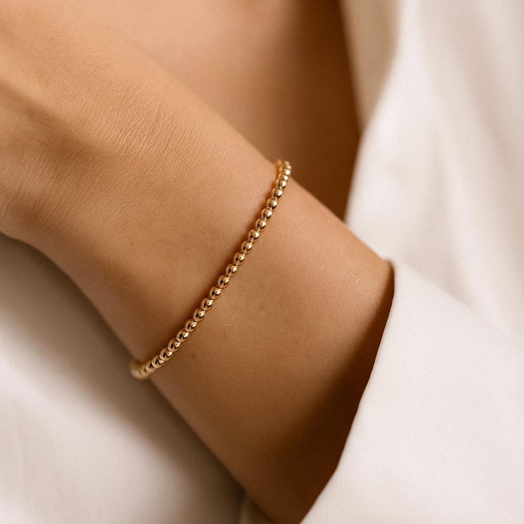 14K Solid Gold Beaded Bracelet - Real Gold Ball Chain Bracelet