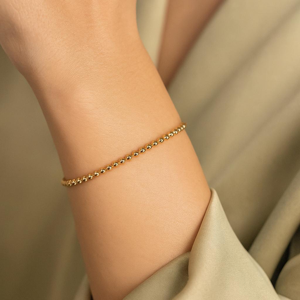 14K Solid Gold Beaded Bracelet - Real Gold Ball Chain Bracelet