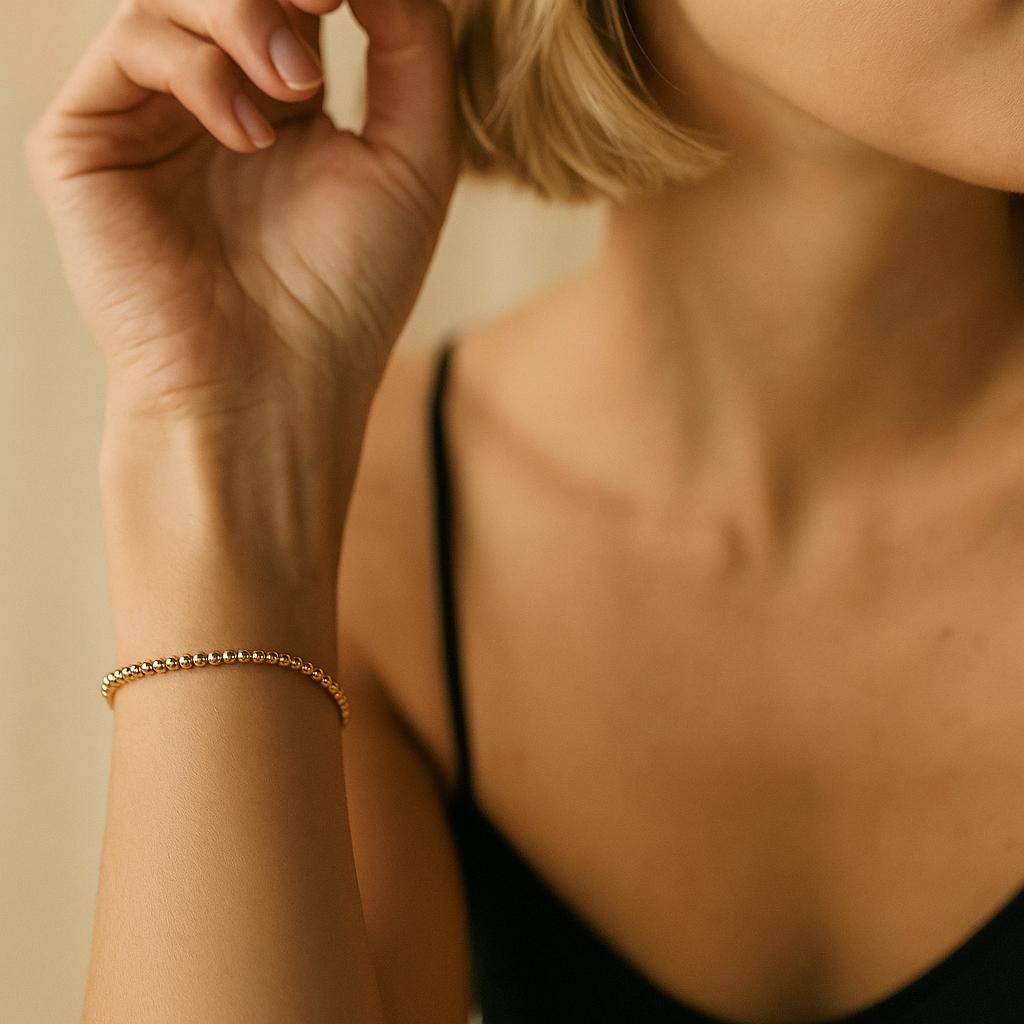 14K Solid Gold Beaded Bracelet - Real Gold Ball Chain Bracelet