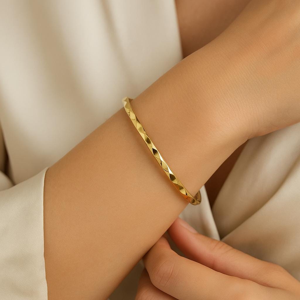14K Solid Gold Twisted Bangle Bracelet – Elegant Real Gold Jewelry