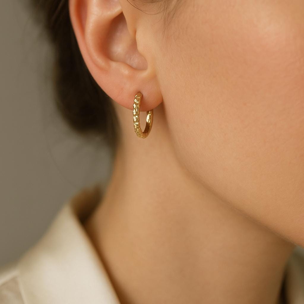 14K Solid Gold Textured Hoop Earrings – Elegant Hammered Gold Hoops