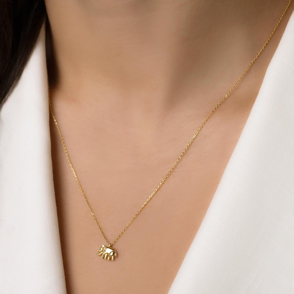 14K Solid Gold Elephant Necklace - Dainty Lucky Charm Pendant