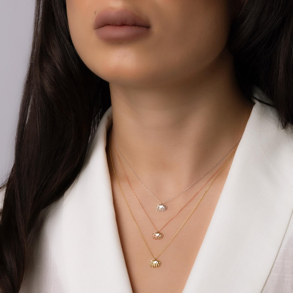 14K Solid Gold Elephant Necklace - Dainty Lucky Charm Pendant