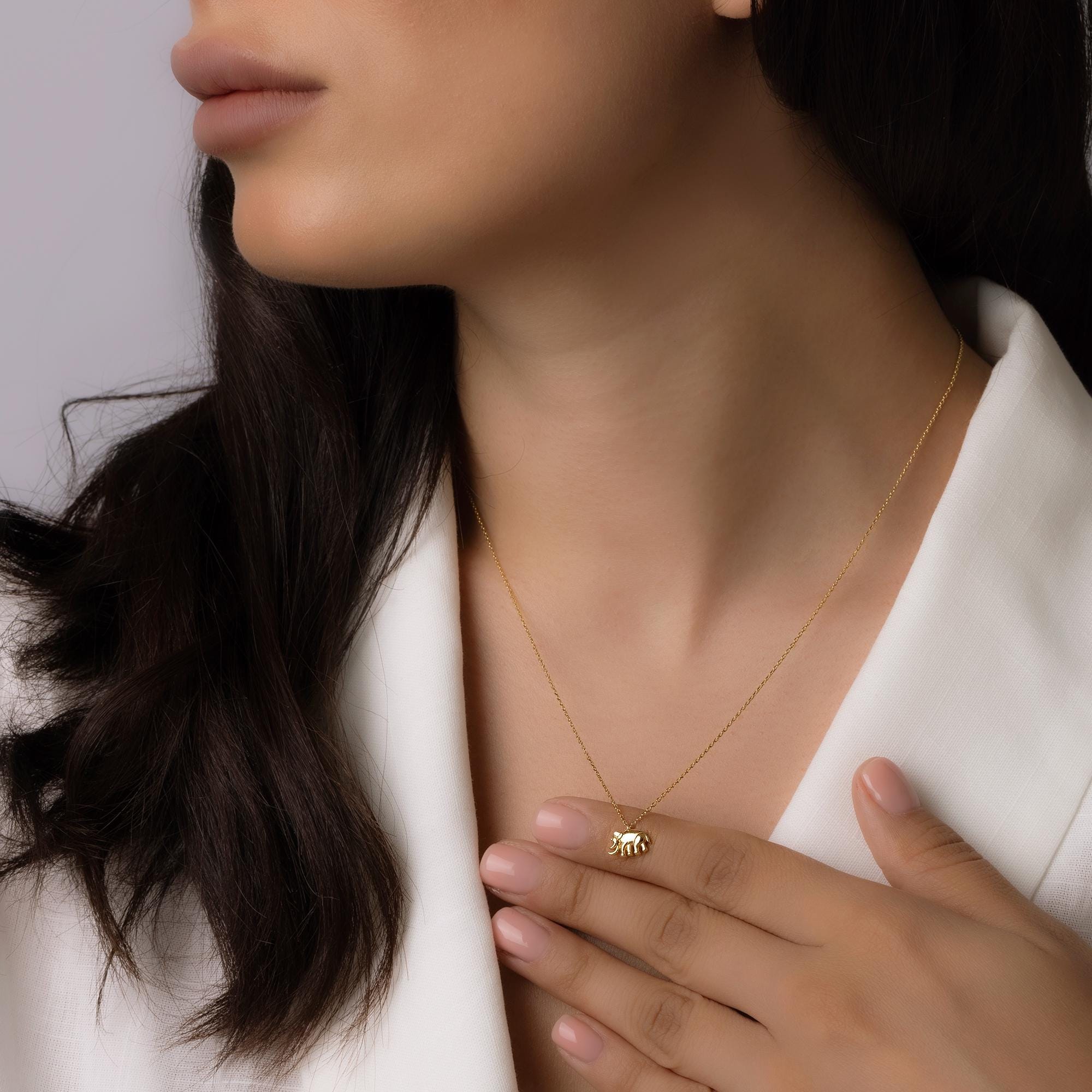 14K Solid Gold Elephant Necklace - Dainty Lucky Charm Pendant