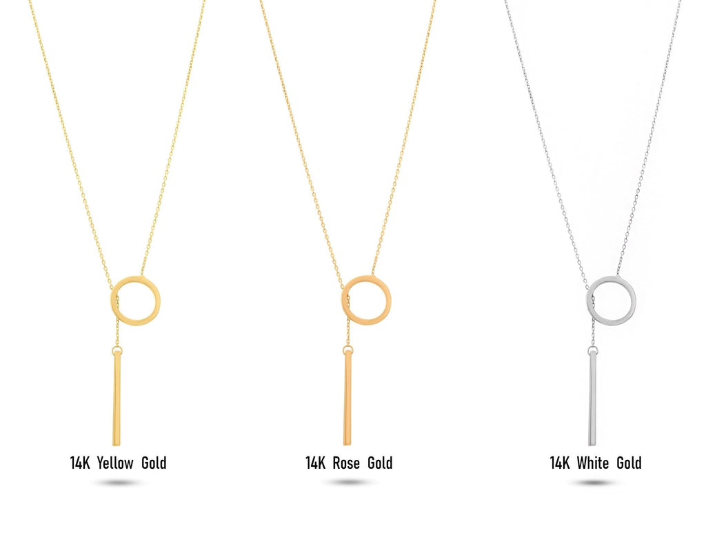 14K Solid Gold Circle Bar Lariat Necklace – Dainty Y Pendant Necklace