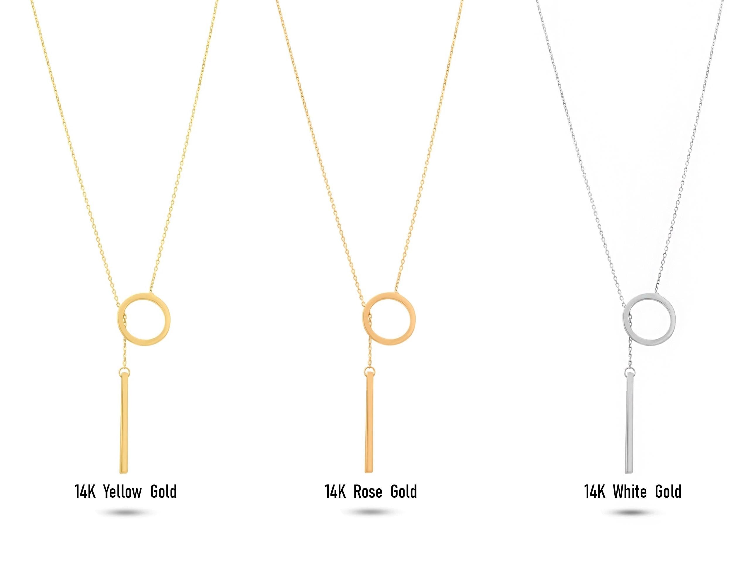 14K Solid Gold Circle Bar Lariat Necklace – Dainty Y Pendant Necklace