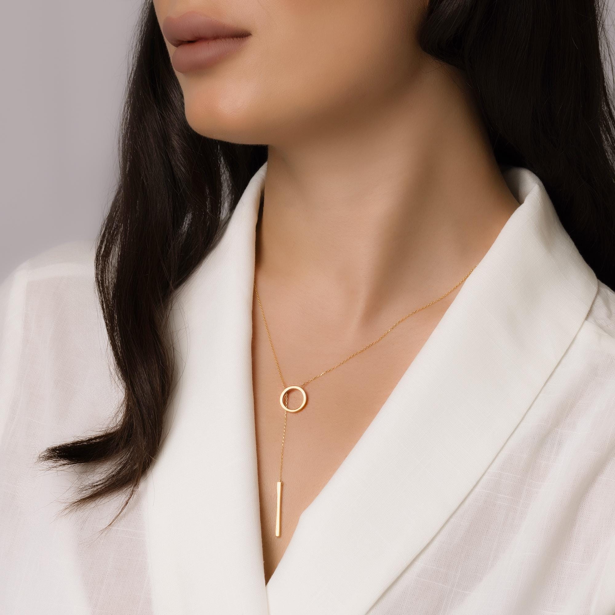 14K Solid Gold Circle Bar Lariat Necklace – Dainty Y Pendant Necklace