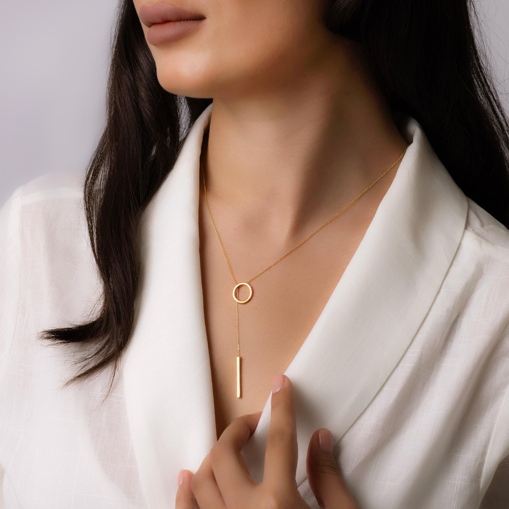 14K Solid Gold Circle Bar Lariat Necklace – Dainty Y Pendant Necklace