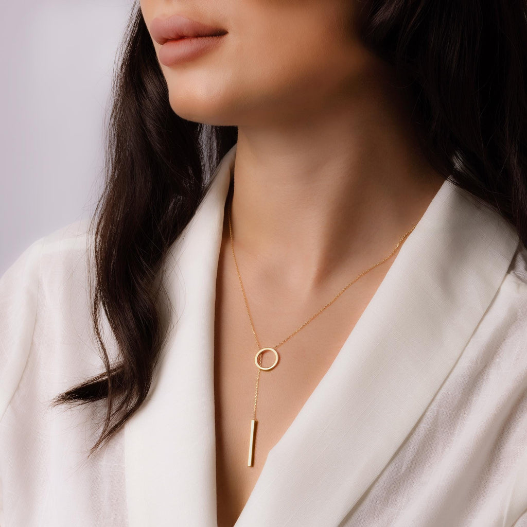 14K Solid Gold Circle Bar Lariat Necklace – Dainty Y Pendant Necklace