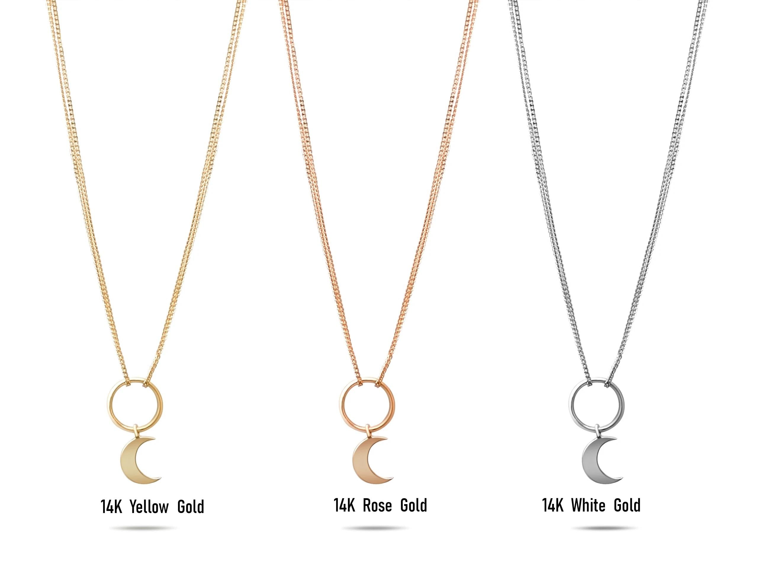 14K Solid Gold Double Chain Moon Necklace – Dainty Layered Celestial Pendant