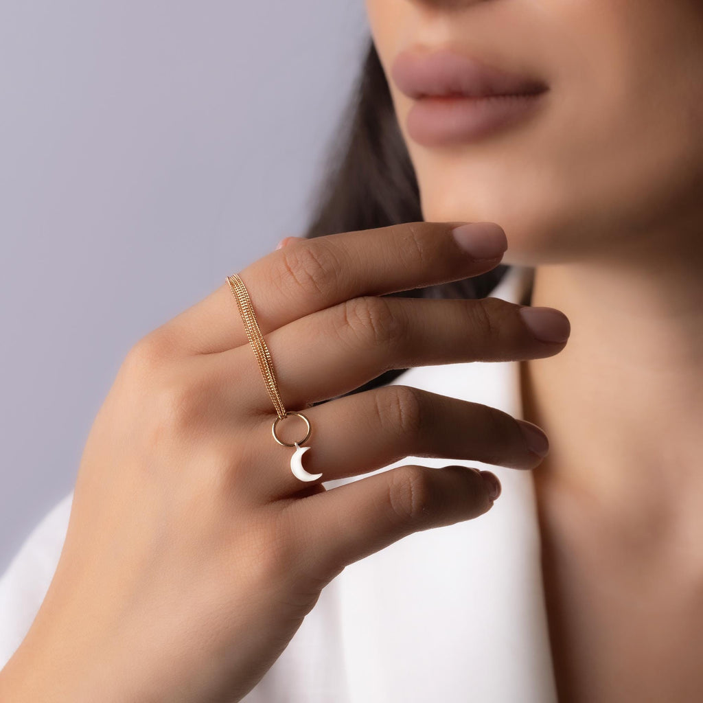 14K Solid Gold Double Chain Moon Necklace – Dainty Layered Celestial Pendant