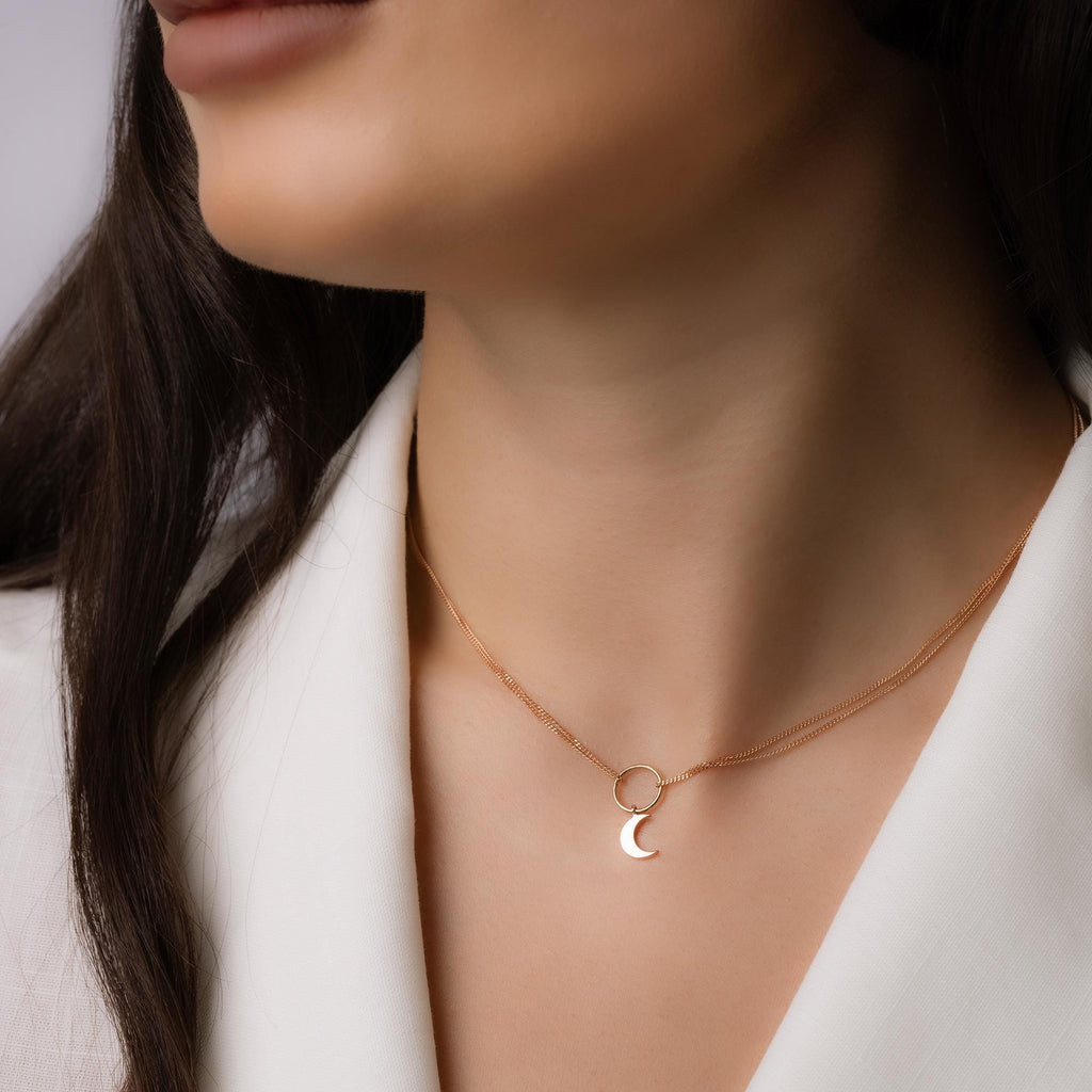14K Solid Gold Double Chain Moon Necklace – Dainty Layered Celestial Pendant