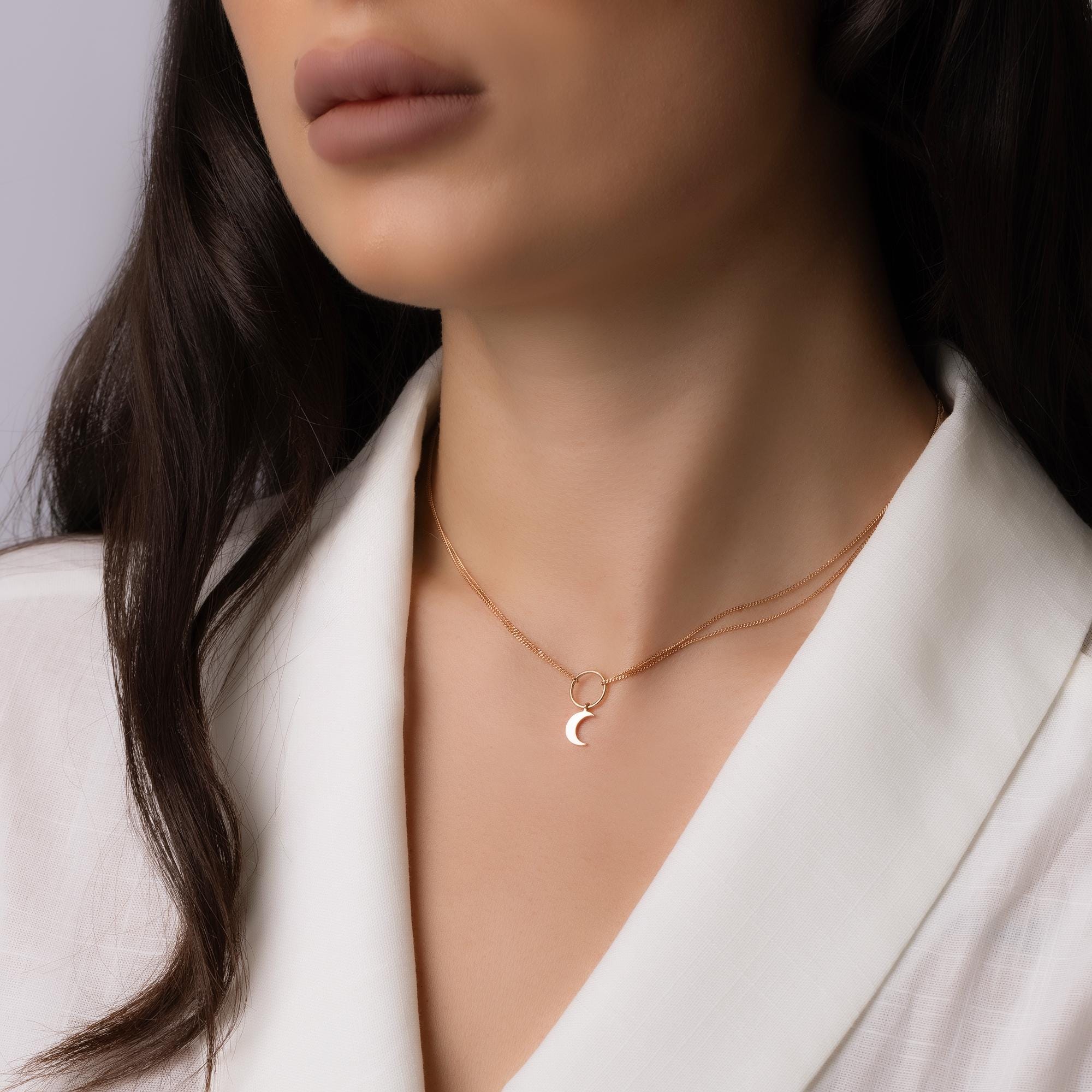 14K Solid Gold Double Chain Moon Necklace – Dainty Layered Celestial Pendant