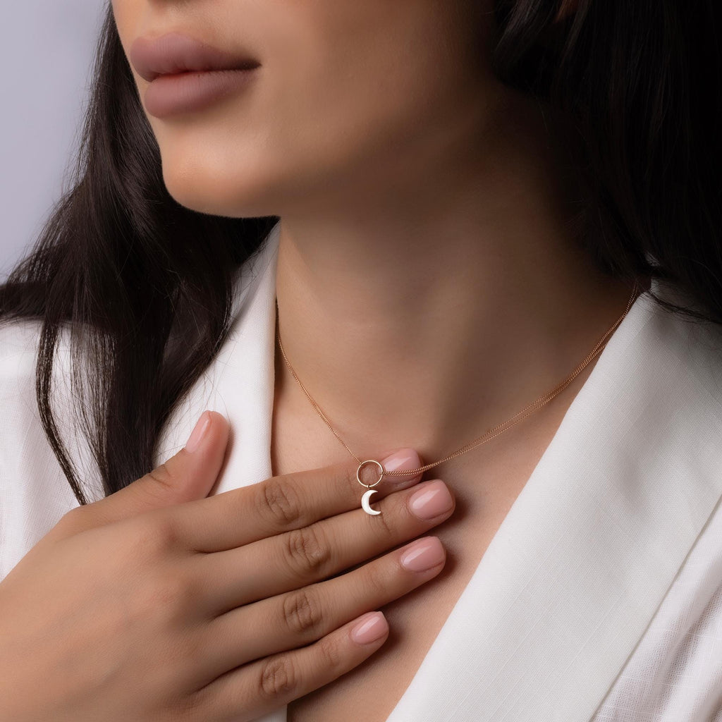 14K Solid Gold Double Chain Moon Necklace – Dainty Layered Celestial Pendant
