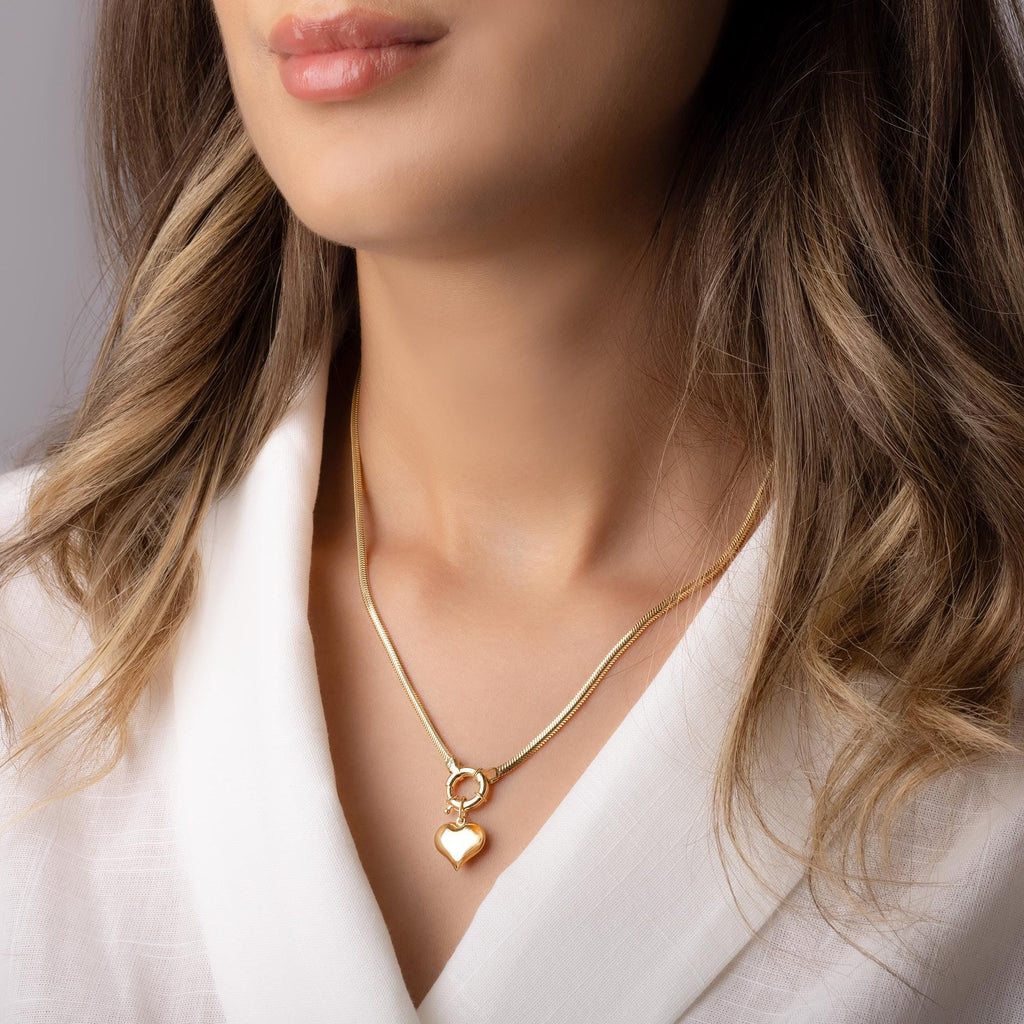 14K Solid Gold Heart Charm Necklace - Chunky Gold Chain