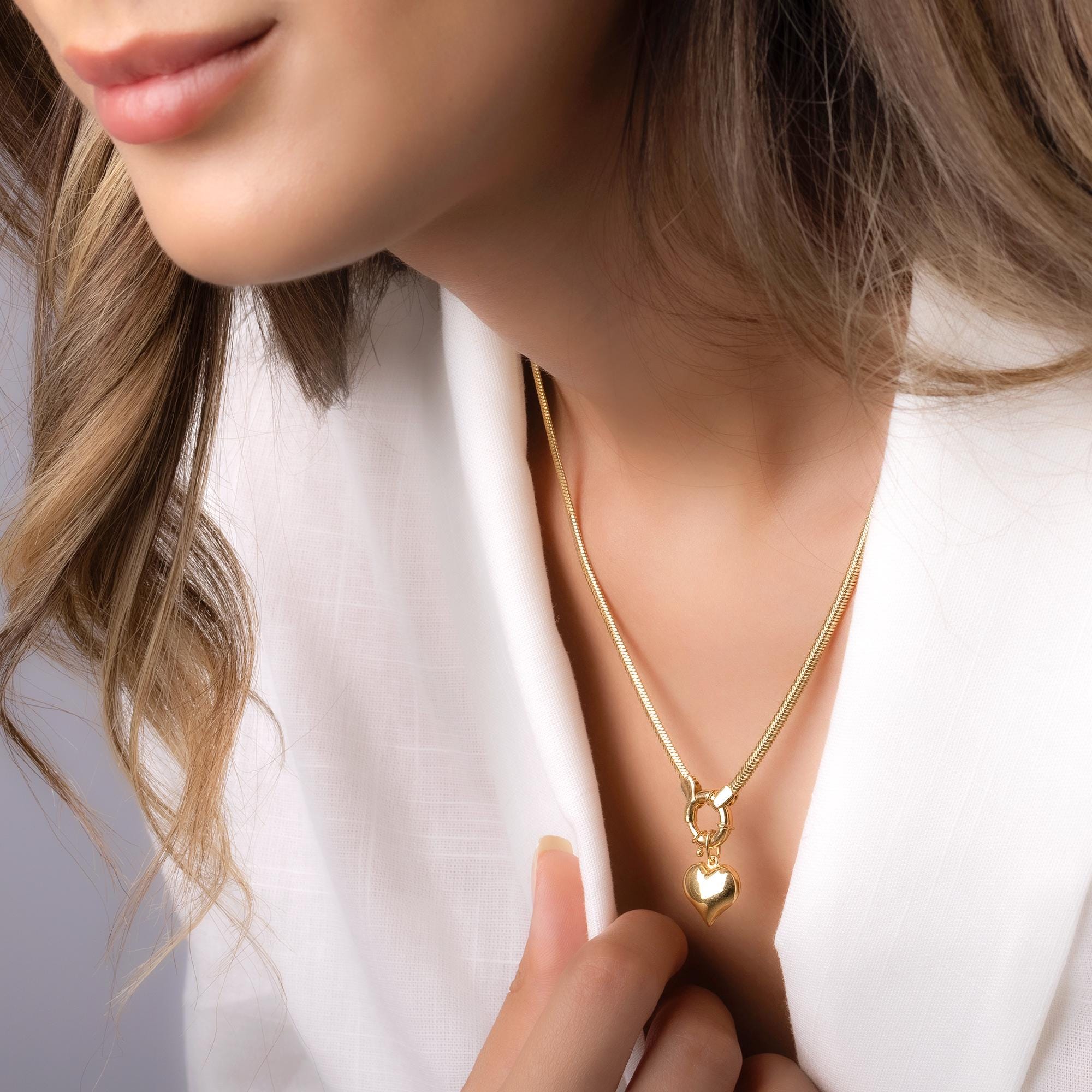 14K Solid Gold Heart Charm Necklace - Chunky Gold Chain