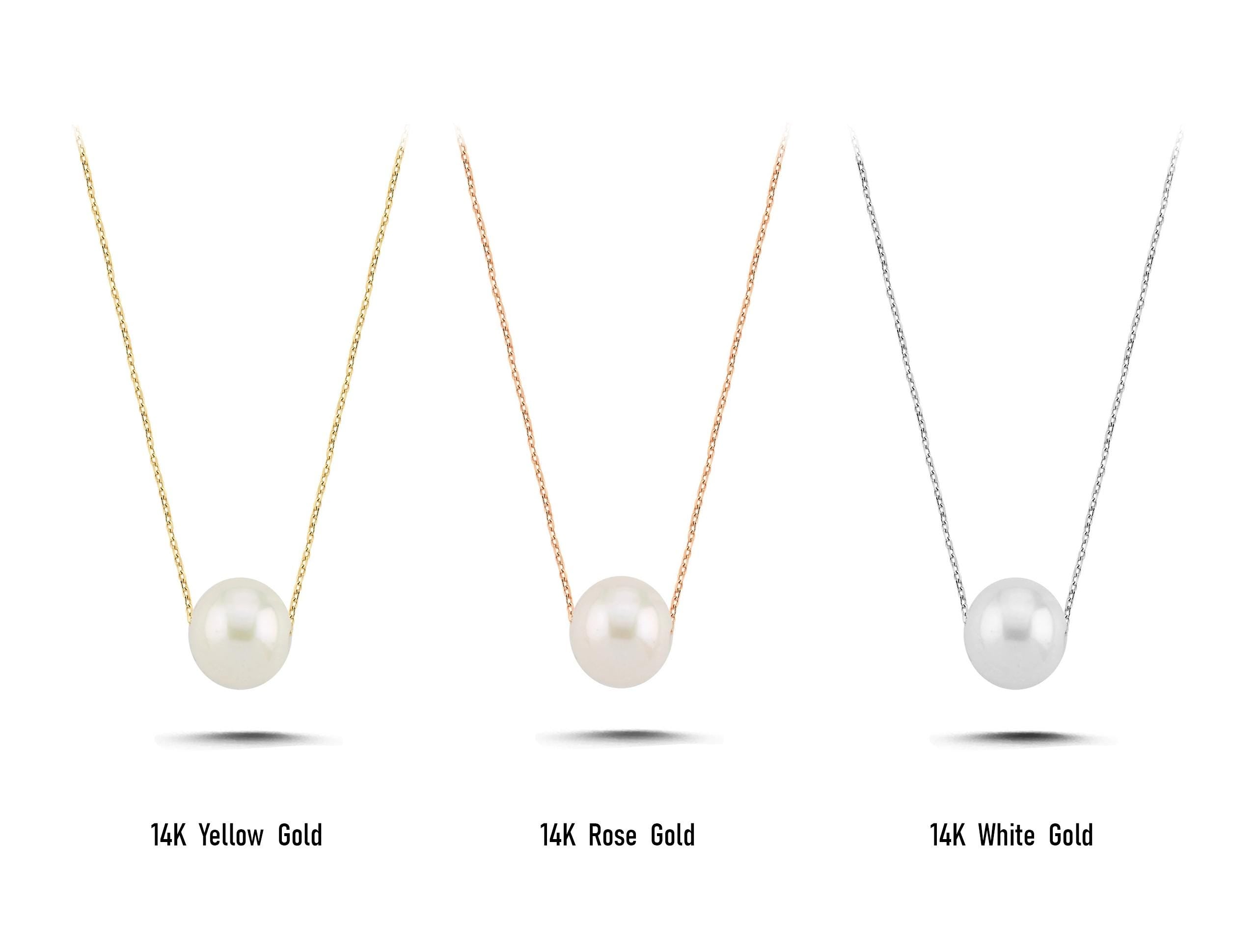 14K Solid Gold Pearl Necklace - Freshwater Pearl Chain Necklace