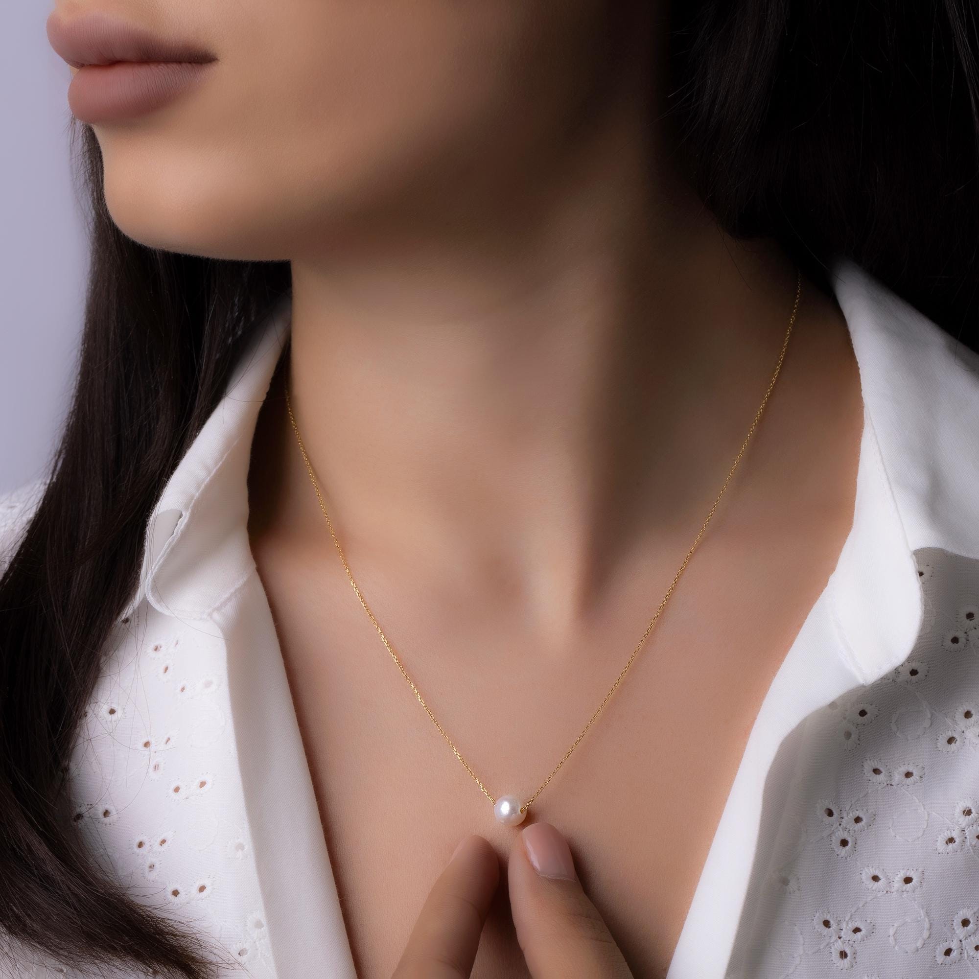 14K Solid Gold Pearl Necklace - Freshwater Pearl Chain Necklace