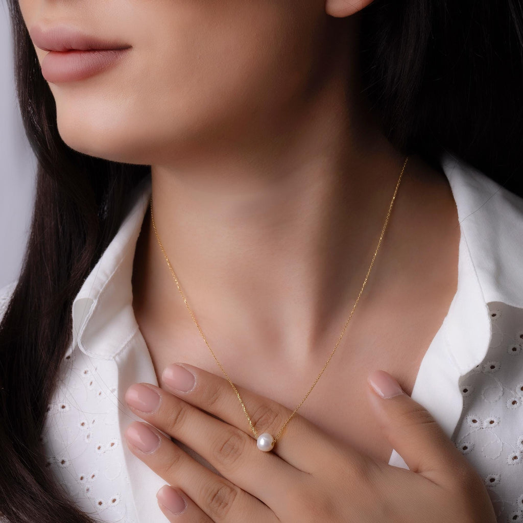 14K Solid Gold Pearl Necklace - Freshwater Pearl Chain Necklace