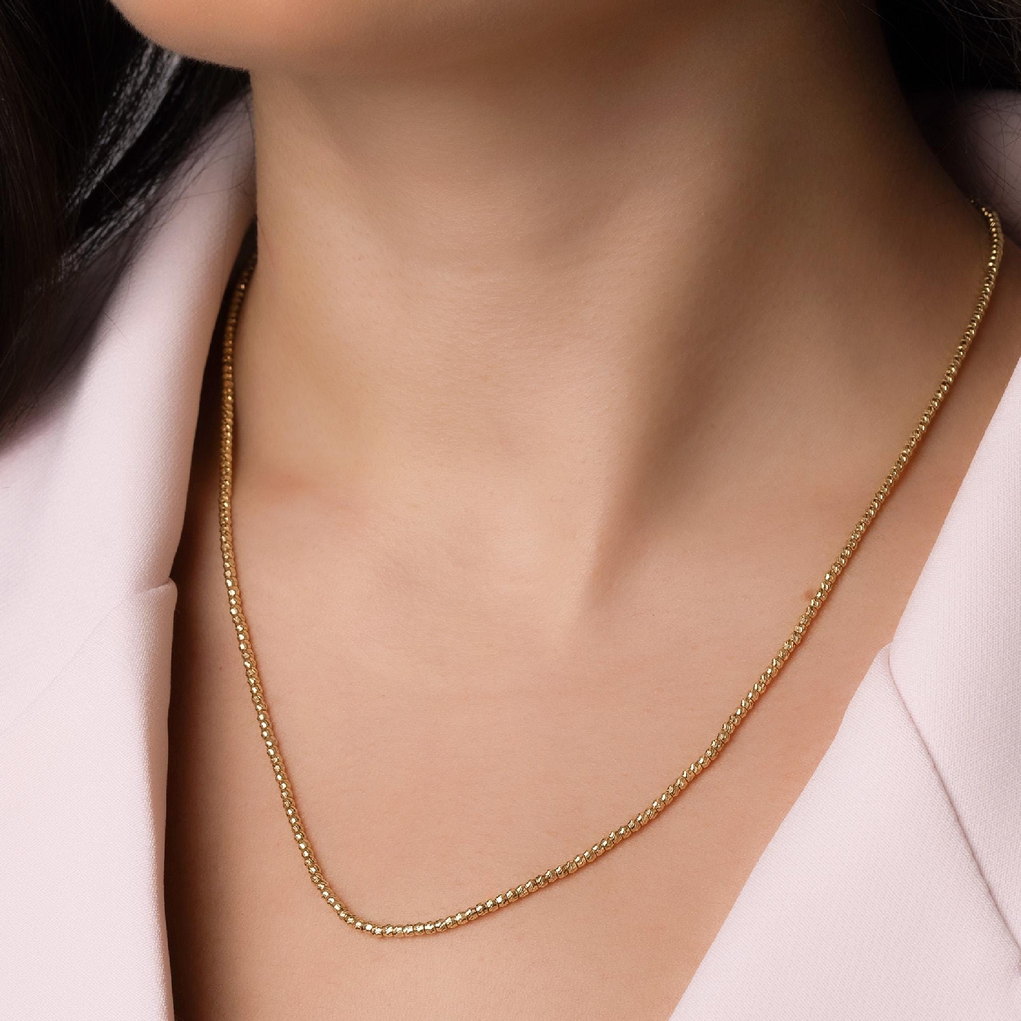 14K Solid Gold Beaded Chain Necklace – Dainty Minimalist Jewelry